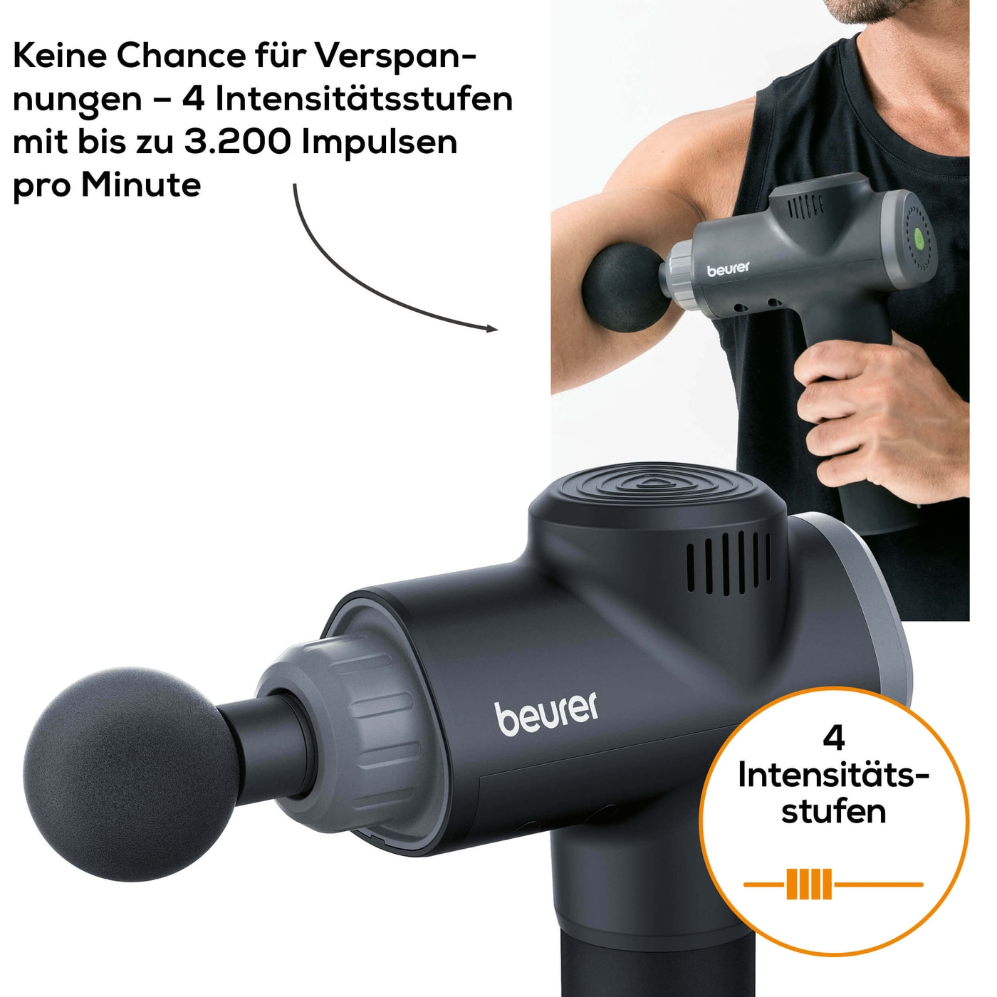 Beurer MG 180 MASSAGE GUN Muskelmassagegerät-Massage Gun zur gezielten Muskelmassage mit 6 Aufsätzen