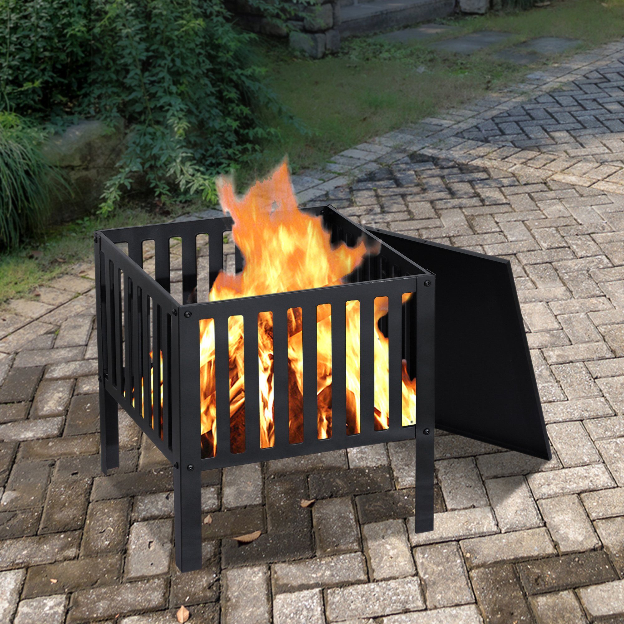 MCombo Feuerschale MCombo quadratische Feuerschale Feuerstelle Feuerkorb 0011/0039, für Garten Terrasse, Outdoor BBQ, Camping Party, Stahl, Schwarz