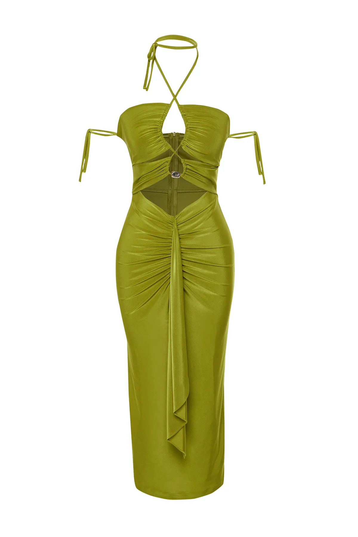 Trendyol Collection  Zeynep Tosun Ölgrünes gestricktes Abendkleid - Fenster und Accessoire detailliert TCLSS24EL00000