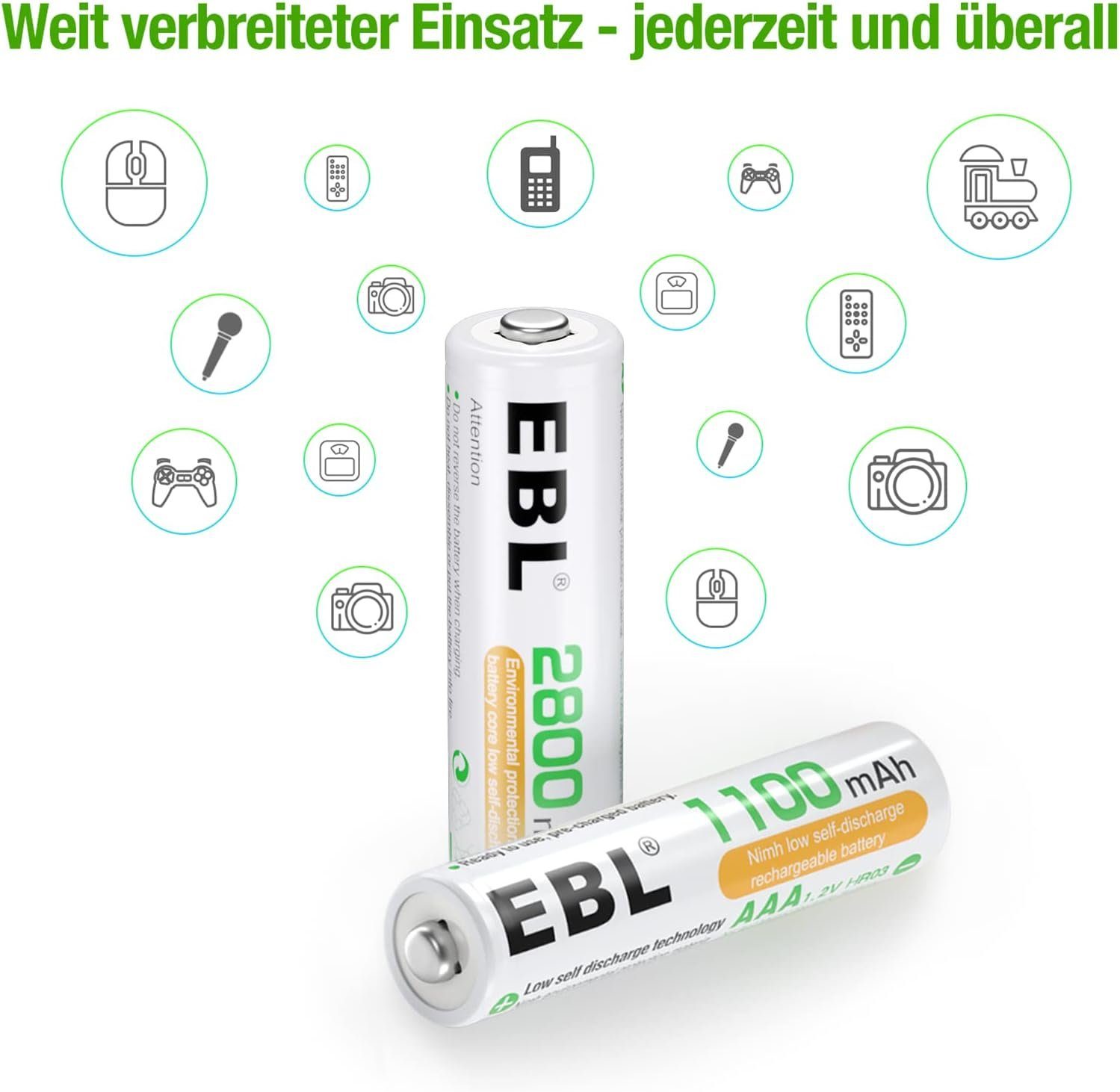 EBL AA Akku 2800mAh 8/12/16 Stück mit AAA Akku 1100mAh 8/12/16 Stück Akku 2800 mAh (1,2 V), 1,2V NI-MH wiederaufladbare Batterien