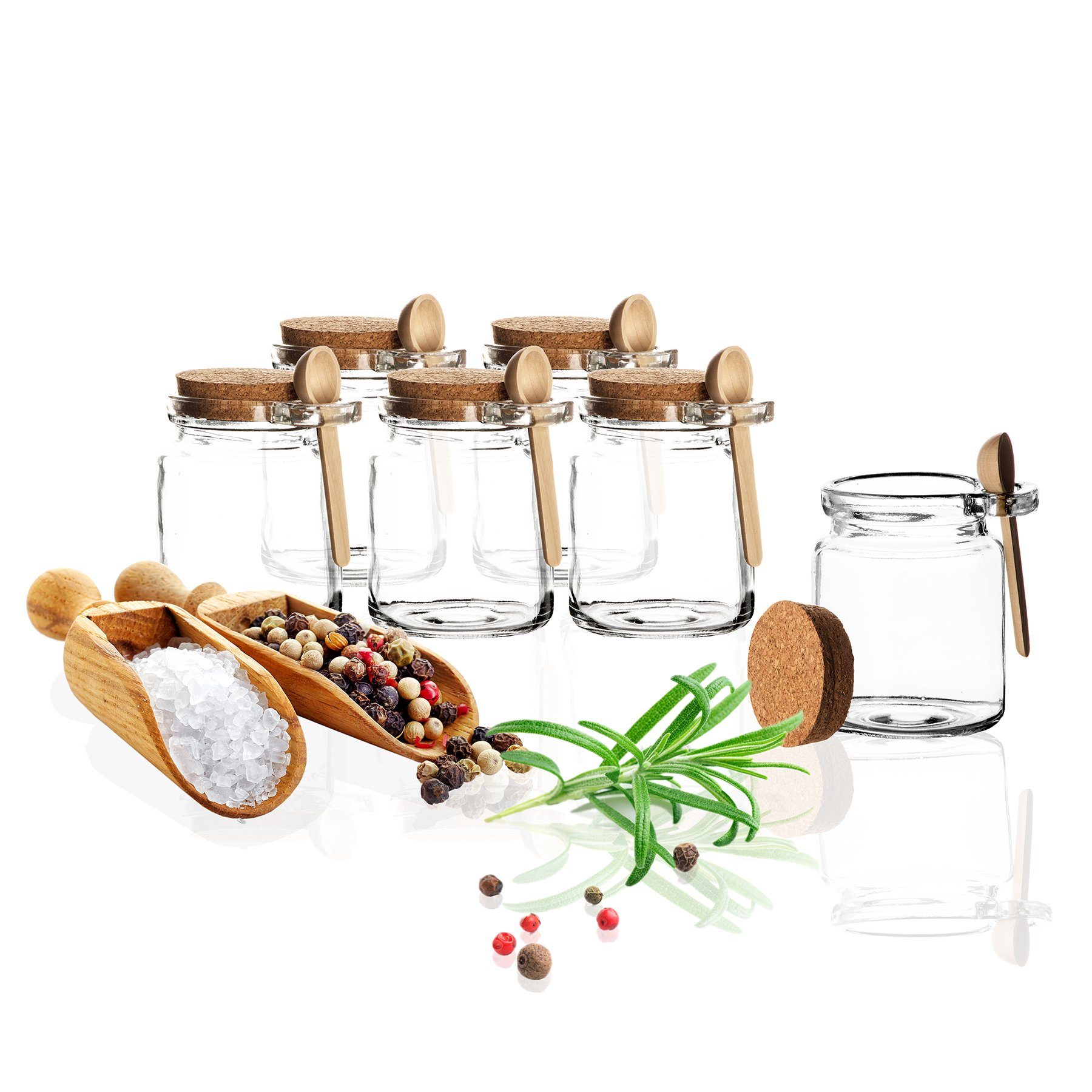 BigDean Gewürzbehälter 6x Gewürzgläser mit Löffel Luftdichter Korkverschluss Gewürzglas G, Glas. Kork, (6-tlg)