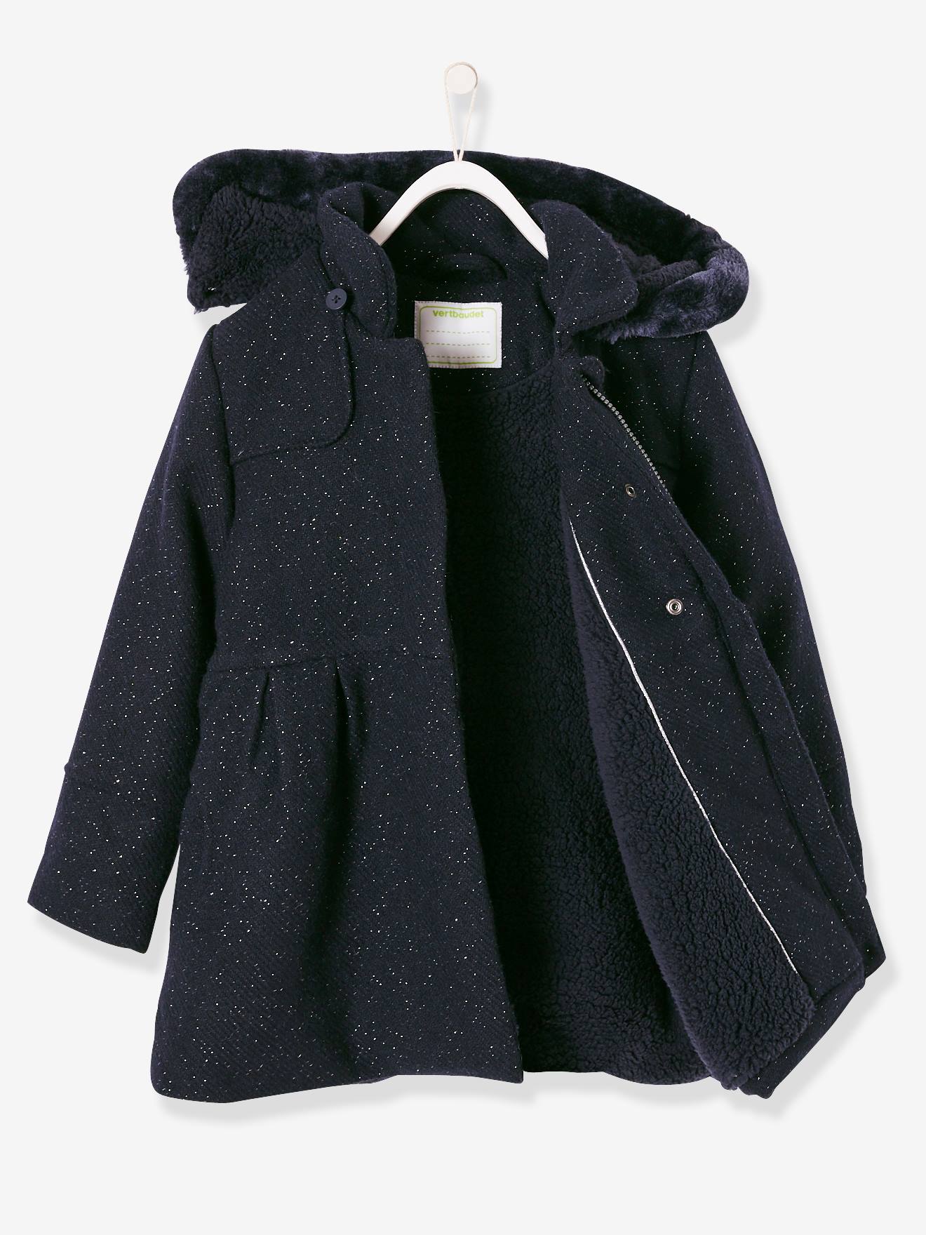 Manteau à capuche en drap de laine fille marine grisé