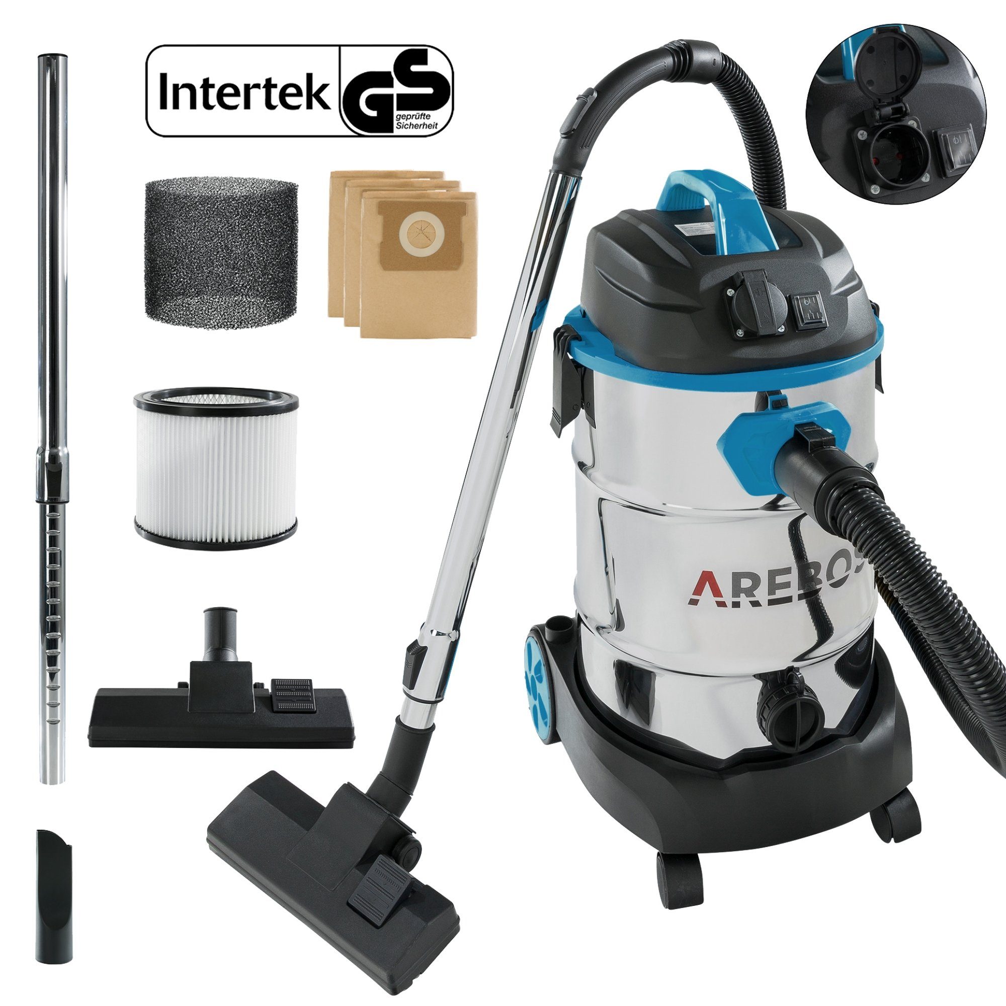 Arebos Industriesauger 1600W, Nass- & Trockensauger, Aschesauger für Kamin & Grill, 2600,00 W, mit und ohne Beutel nutzbar
