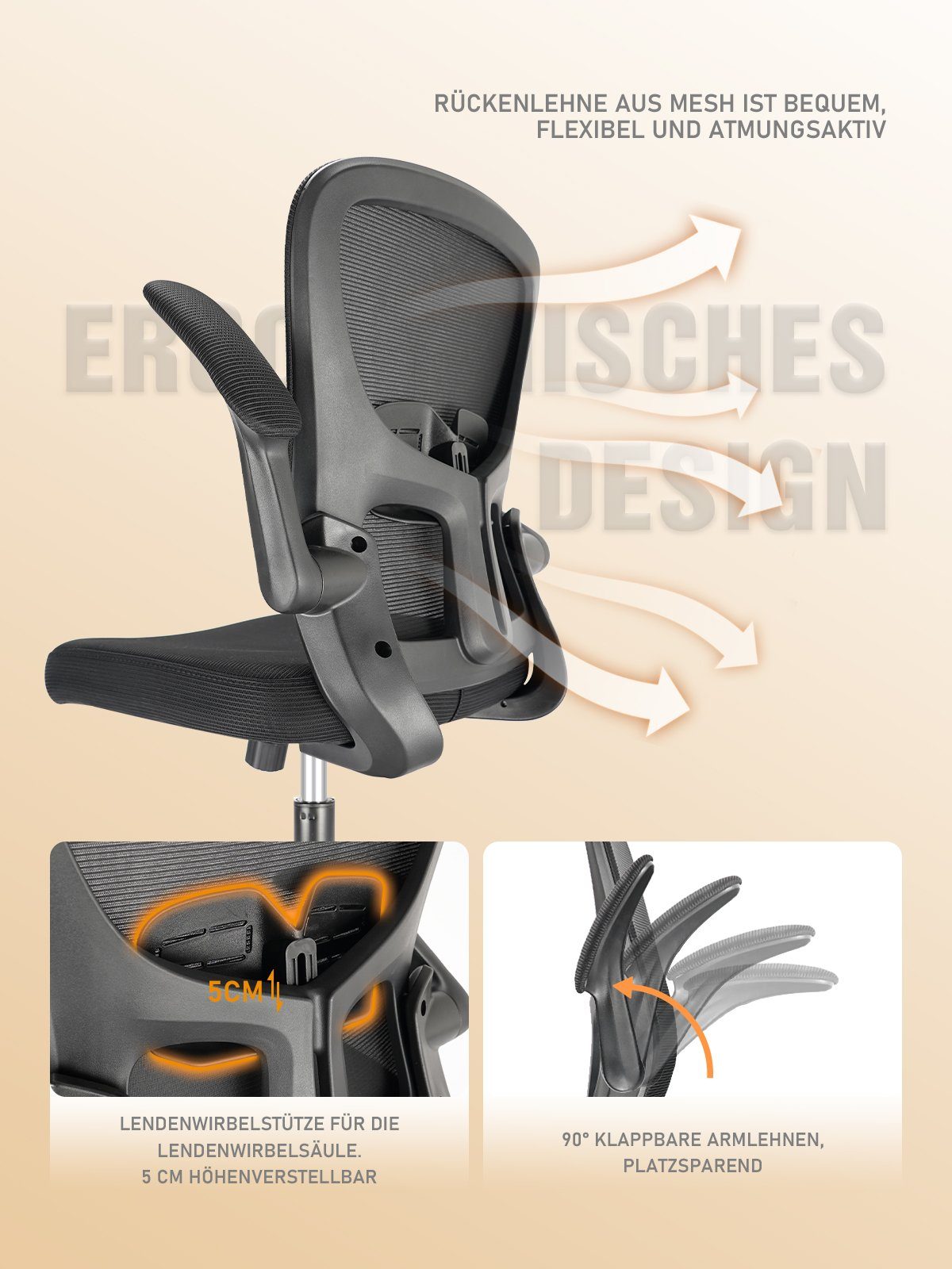 Durrafy Bürostuhl Chefsessel, Schreibtischstuhl, Drehstuhl, mit klappbaren Armlehnen, verstellbarer Lendenwirbelstütze, 130KG