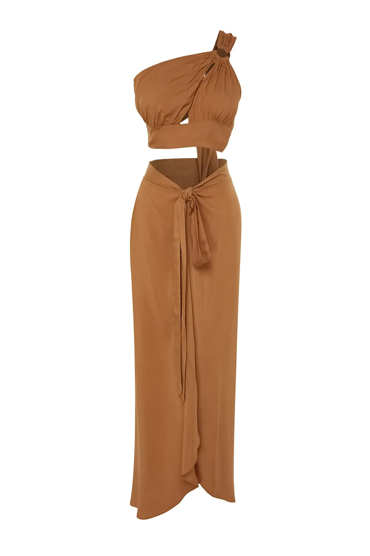 Trendyol Collection  Braunes gewebtes Accessoire-Set mit einer Schulter und Bluse und Rock TBESS23AU00133