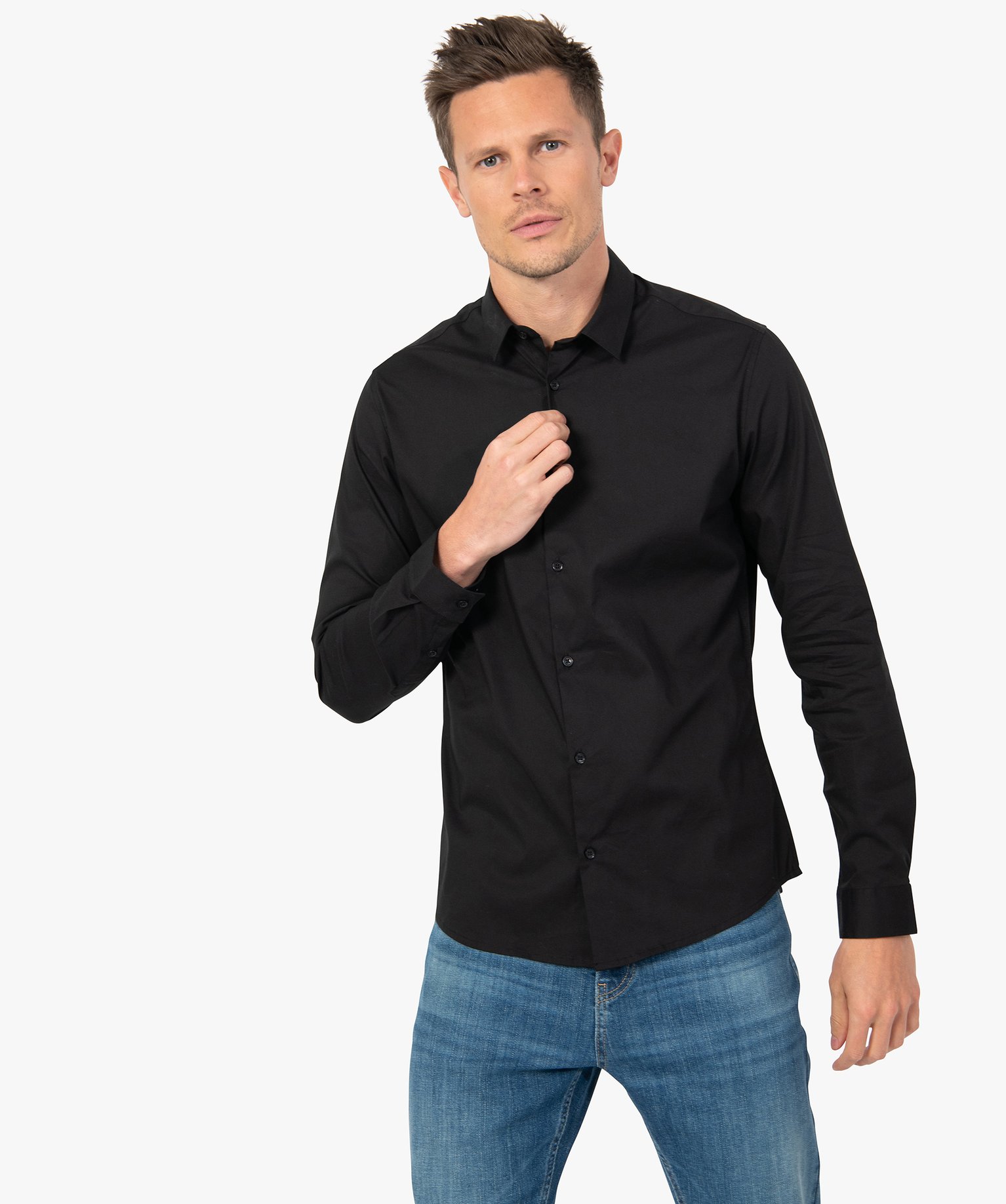 Chemise homme unie coupe slim en coton stretch noir | GEMO