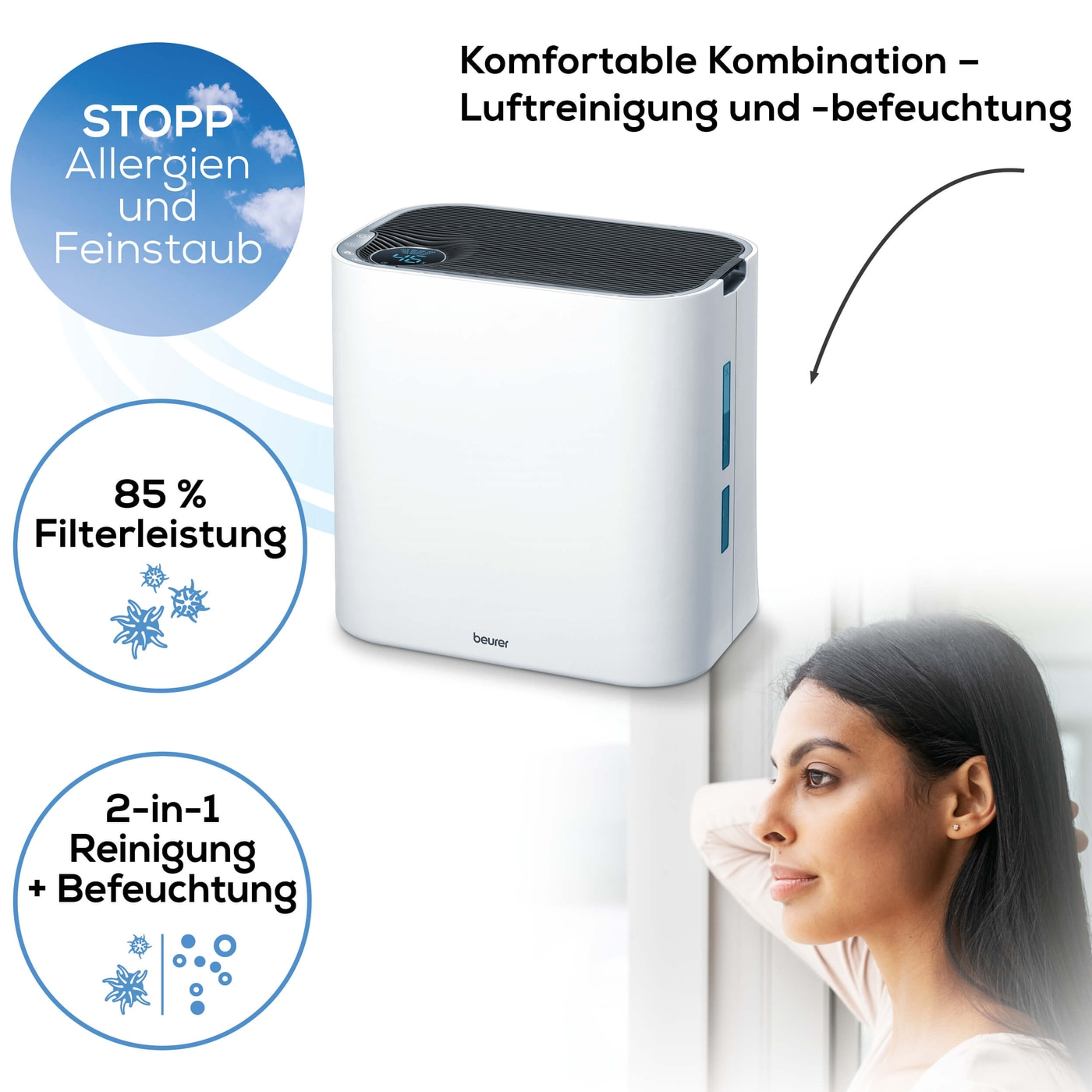Beurer Komfort-Luftreiniger LR 330 2-in-1-Luftreiniger mit dreischichtigem Filtersystem & Luftbefeuchtung bis 35 m²