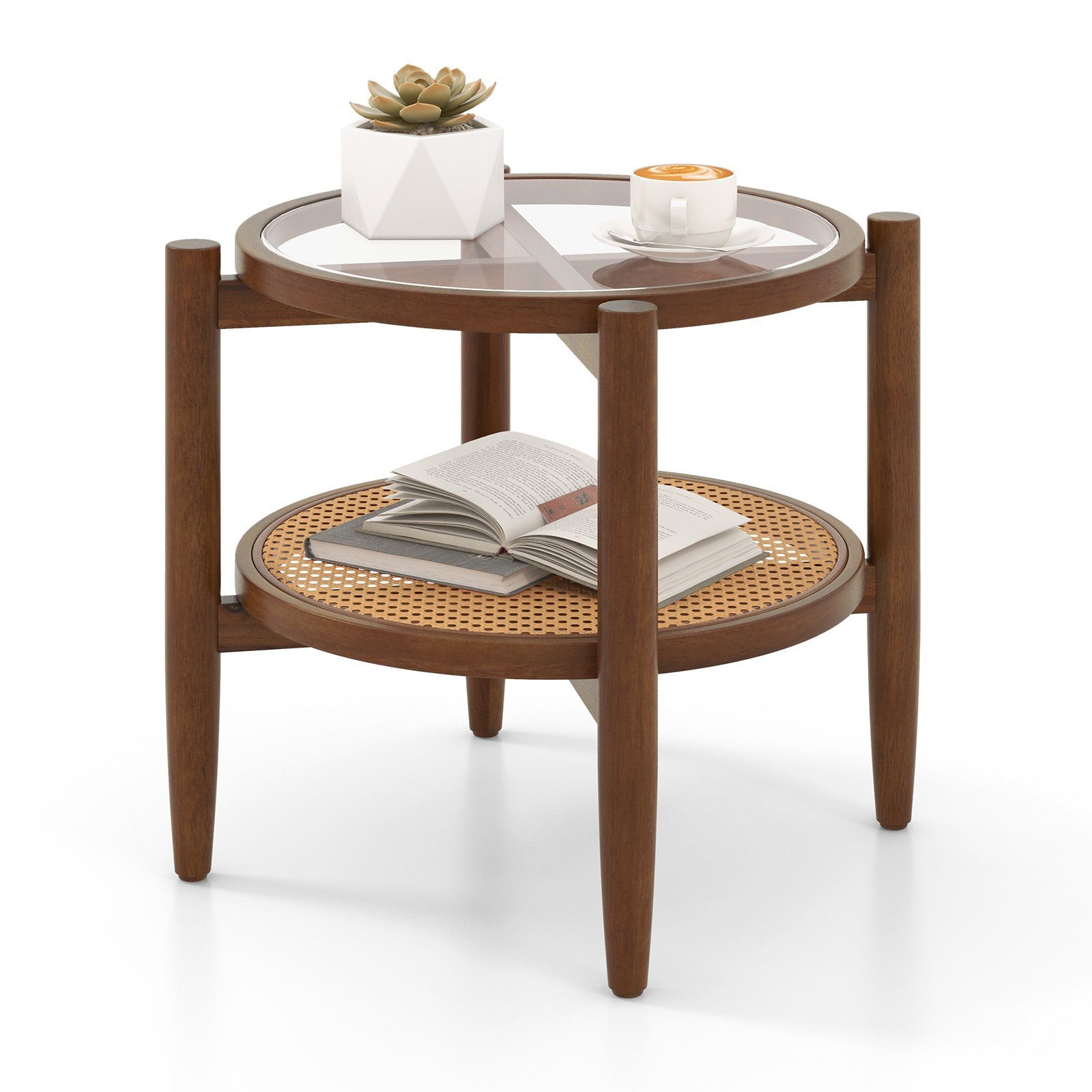 COSTWAY Beistelltisch, gehärtete Glasplatte, mit Rattan Ablage, rund 56x56cm