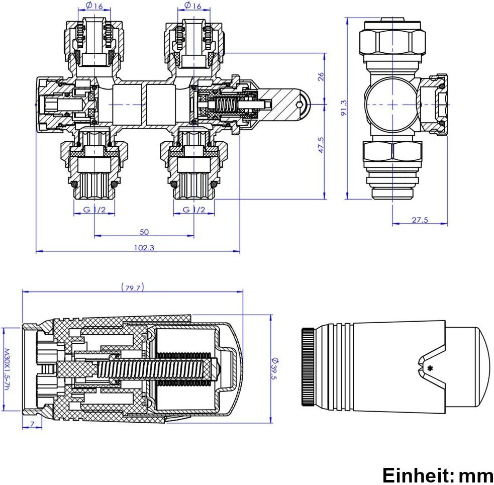 EMKE Heizkörperthermostat EMKE Anschlussarmatur Ventil mit Thermostat für Heizkörper, Hahnblock Heizungszubehör Eck- und Durchgangsform φ16xG1/2