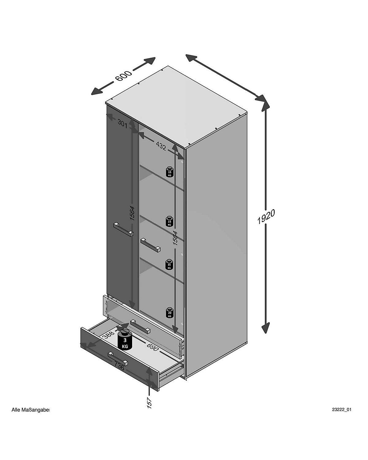Kleiderschrank LEEDS-10 mit 2 Türen und 2 Schubkästen, Sandeiche Nb./weiß/Lava/Denim, B/H/T ca. 75,6/193,5/60,0 cm