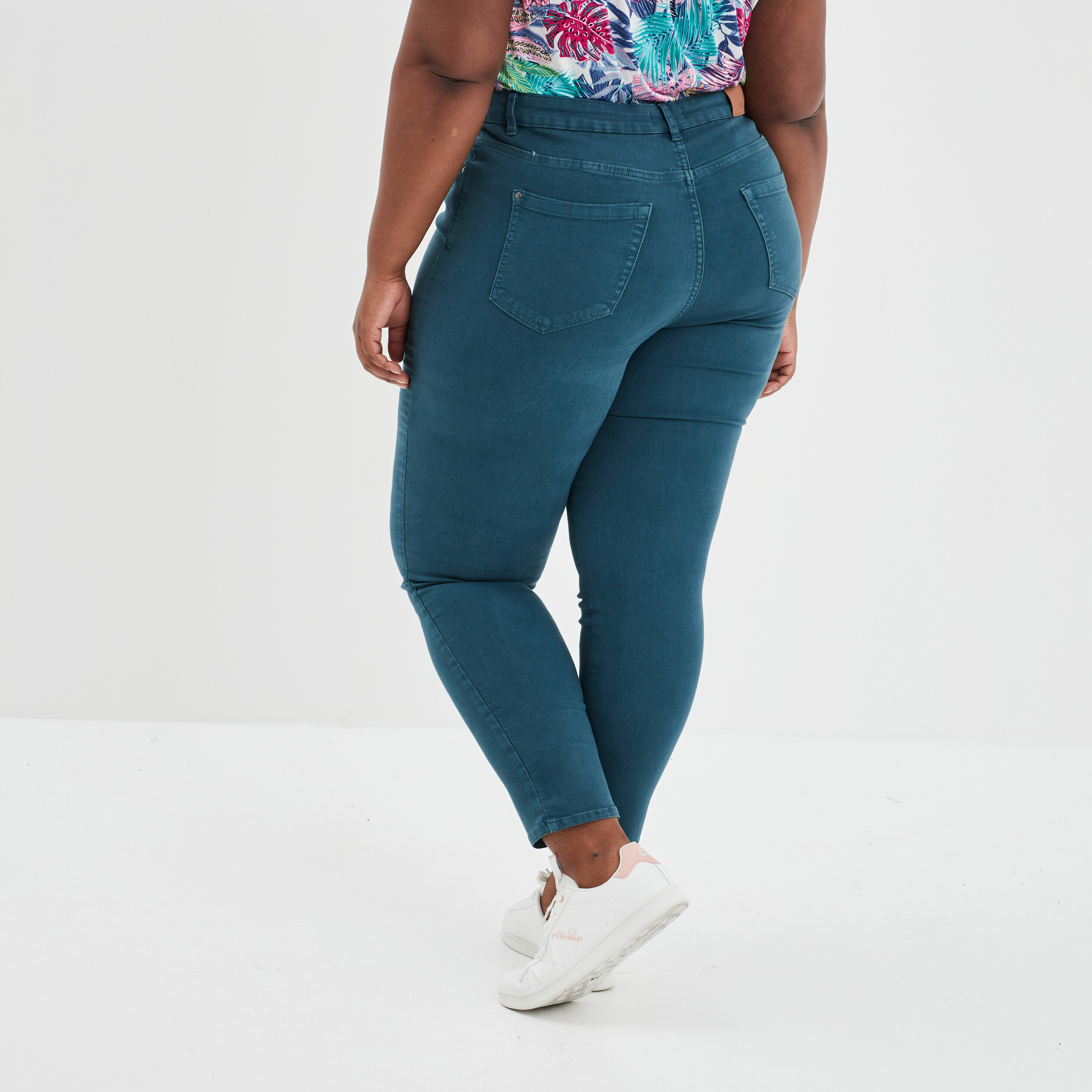 Pantalon slim taille haute 5 poches bleu canard femme grande taille | La Halle