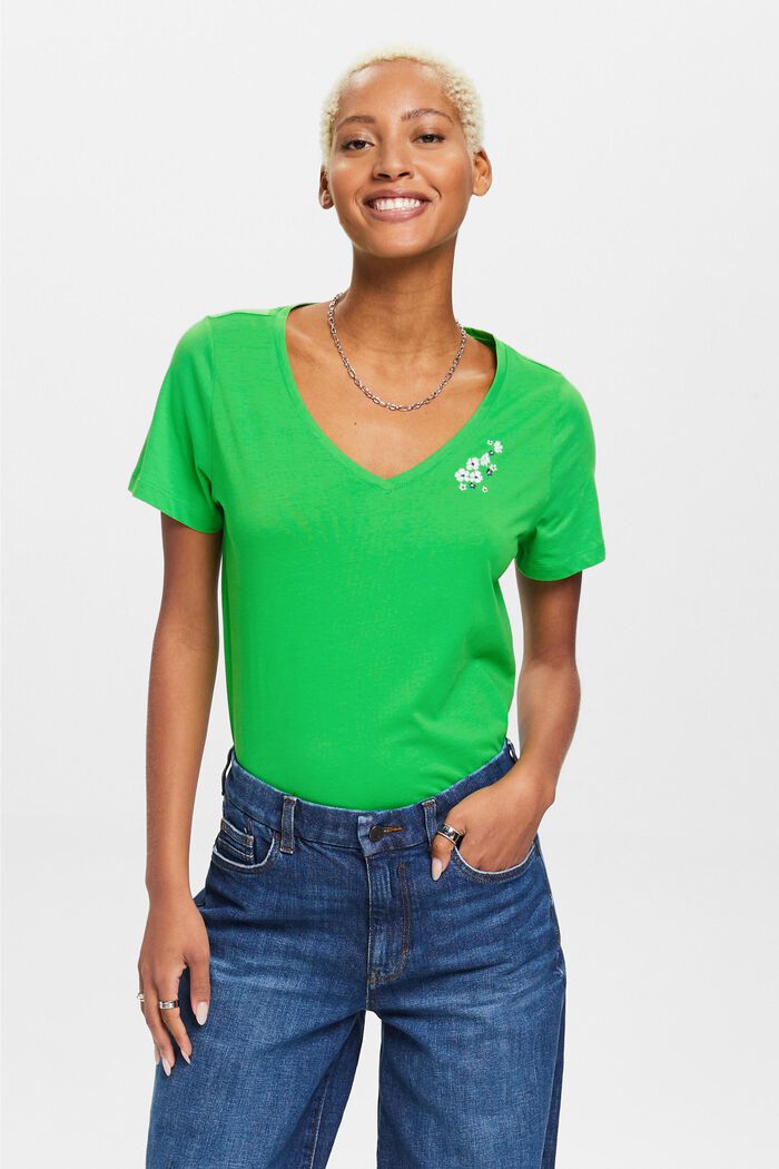 T-Shirt mit V-Ausschnitt und floraler Stickerei