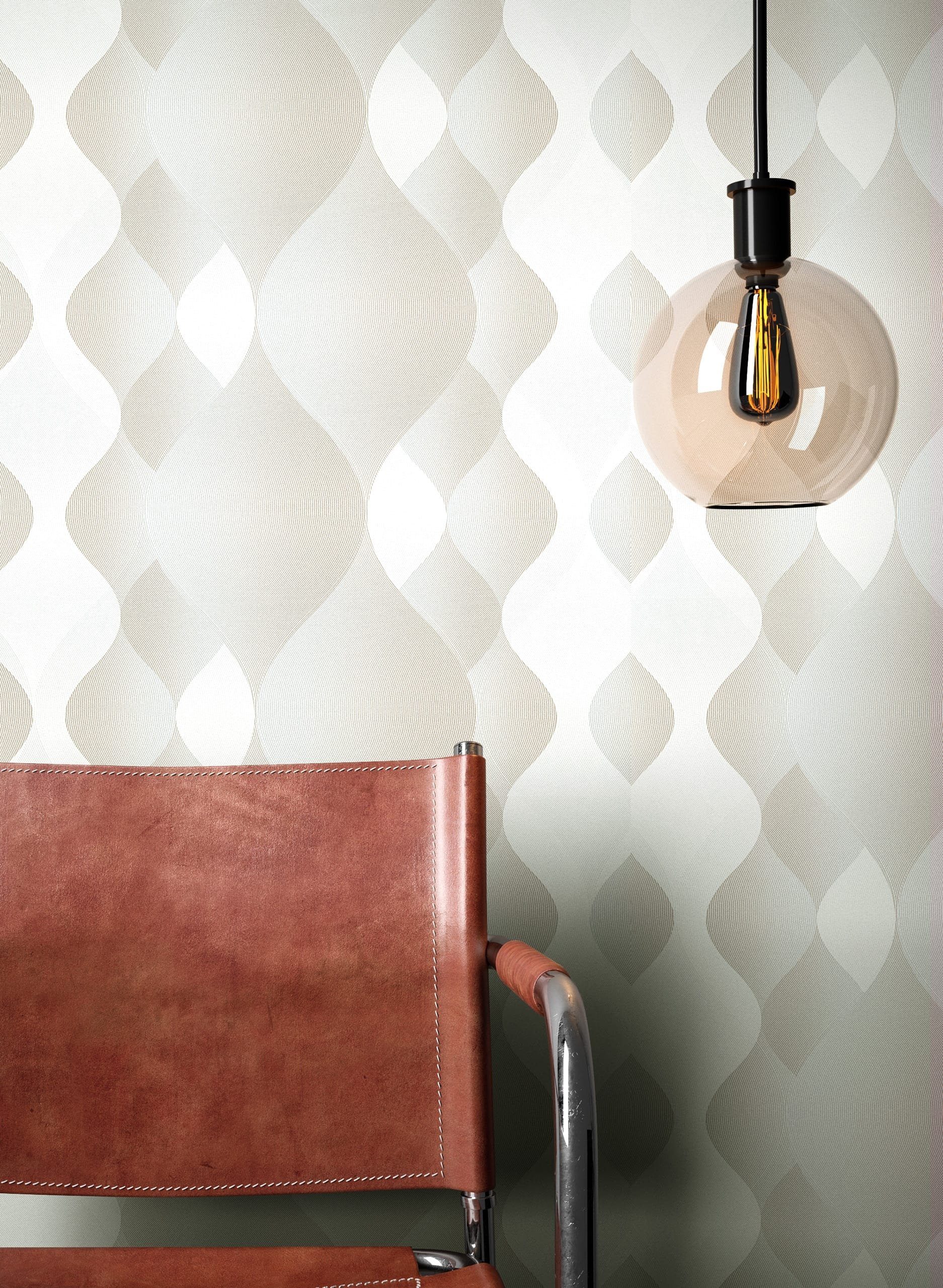 Newroom Vliestapete, Beige Tapete Modern Grafik - Mustertapete Retro Hellgrau Weiß Grafisch 3D Optik Wellen Muster für Wohnzimmer Schlafzimmer Küche
