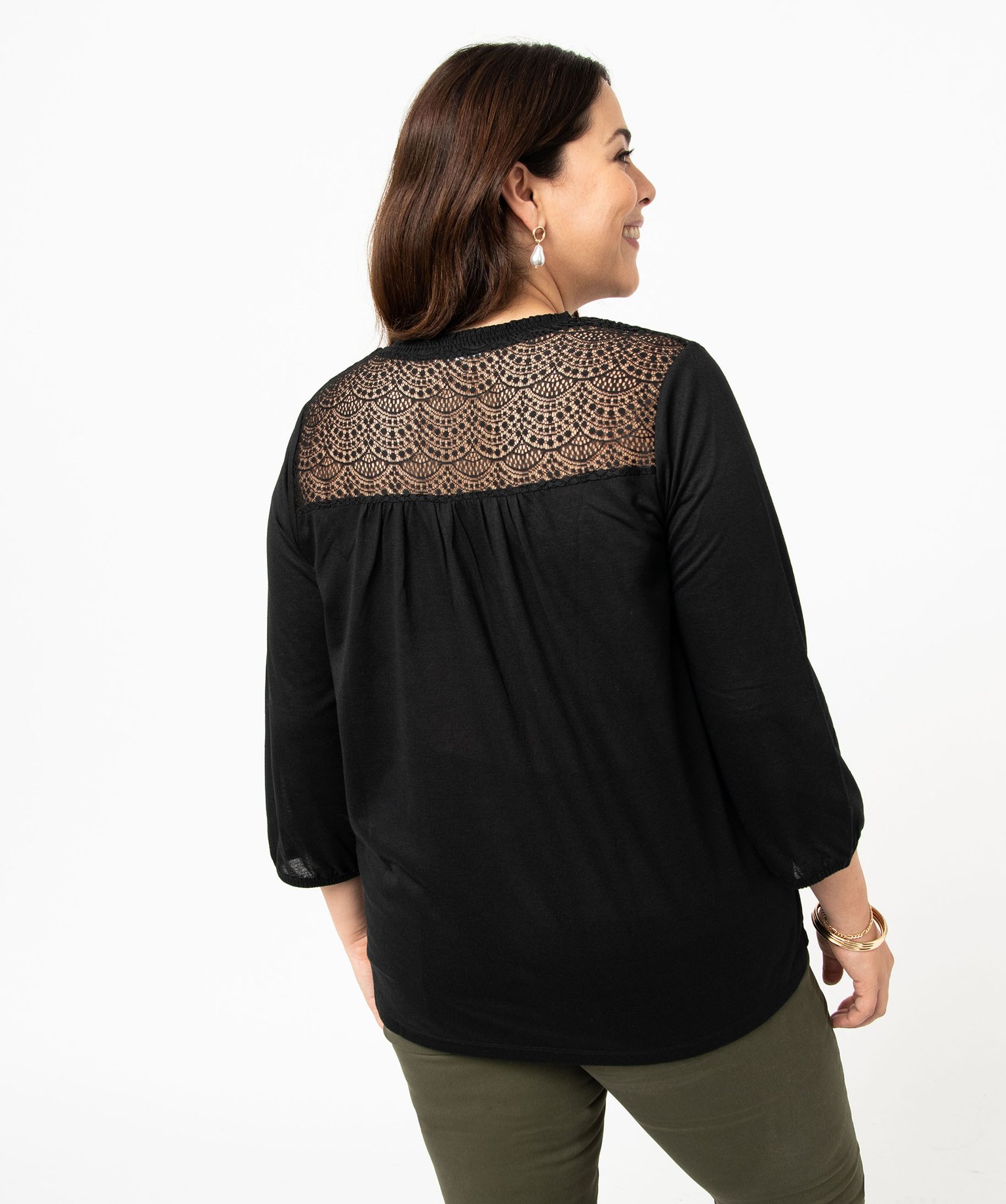 Tee-shirt droit manches 3/4 à col boutonné femme grande ta... noir | GEMO