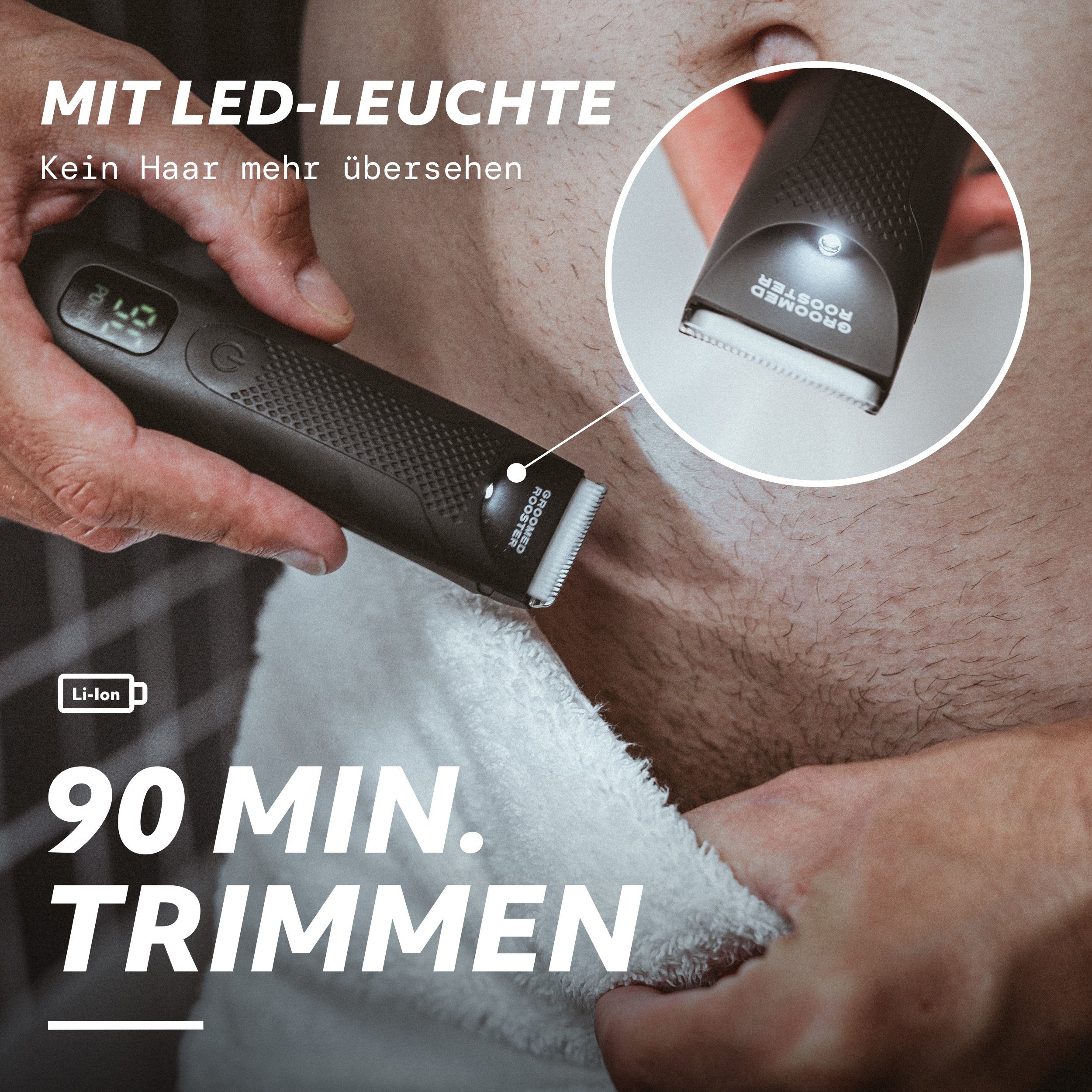 Groomed Rooster Elektrokörperrasierer The Bodygroomer – Intimrasierer, Körperrasierer & Trimmer, Aufsätze: 1, duschfest, 90 Min. Laufzeit, LED-Leuchte, 1,2,4,6,8 mm, Ladestation