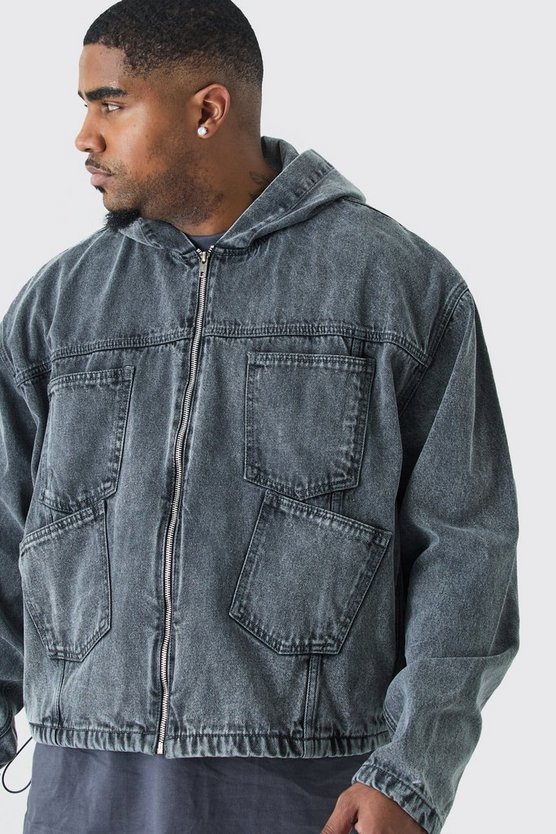Plus Denim Acid Wash Tape Detail Hoodie