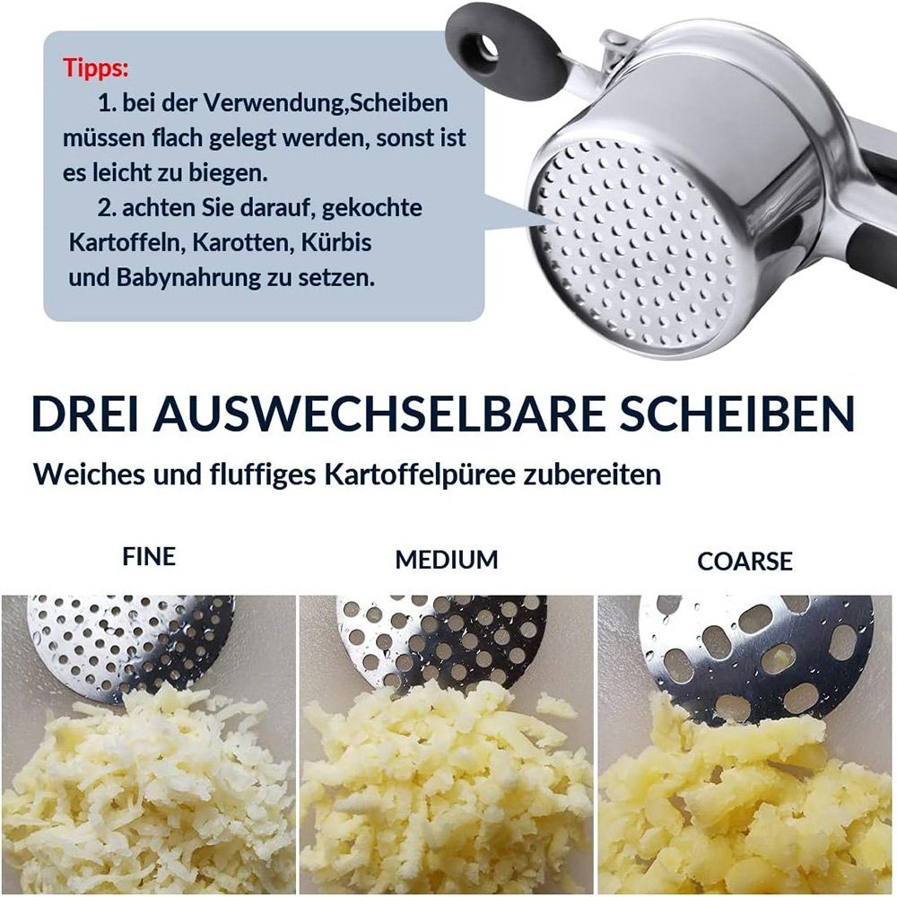 GLIESE Kartoffelpresse Kartoffelpresse Spätzlepresse Spaghettieispresse mit 3 Locheinsätzen, Edelstahl