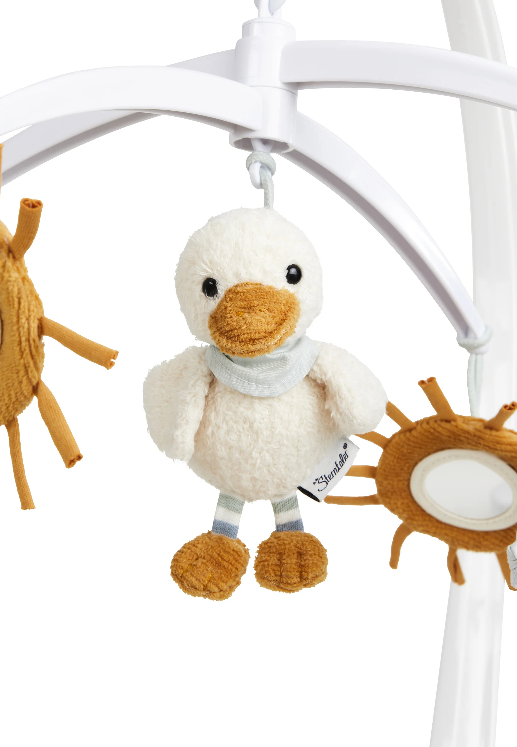 Mobile Ente Edda mit Spielwerk und weißem Gestänge