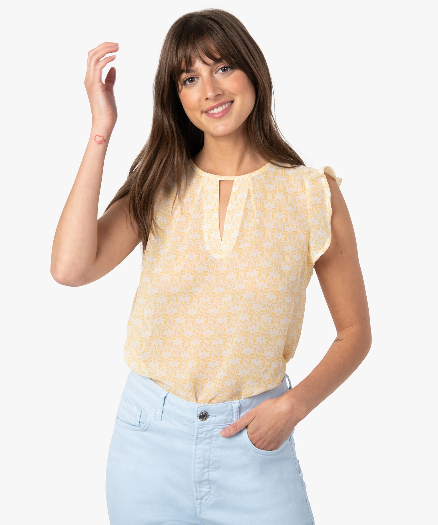 Blouse femme sans manches avec fente sur le décolleté imprime | GEMO