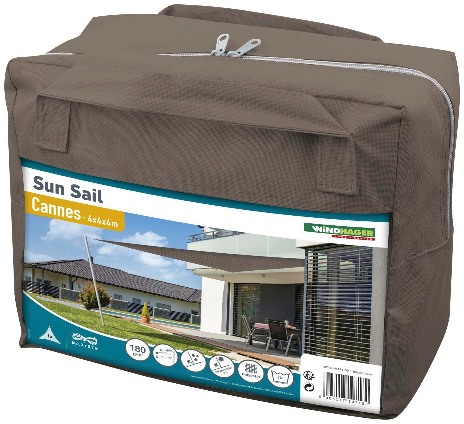 Windhager Sonnensegel Cannes Dreieck, 4x4x4m taupe