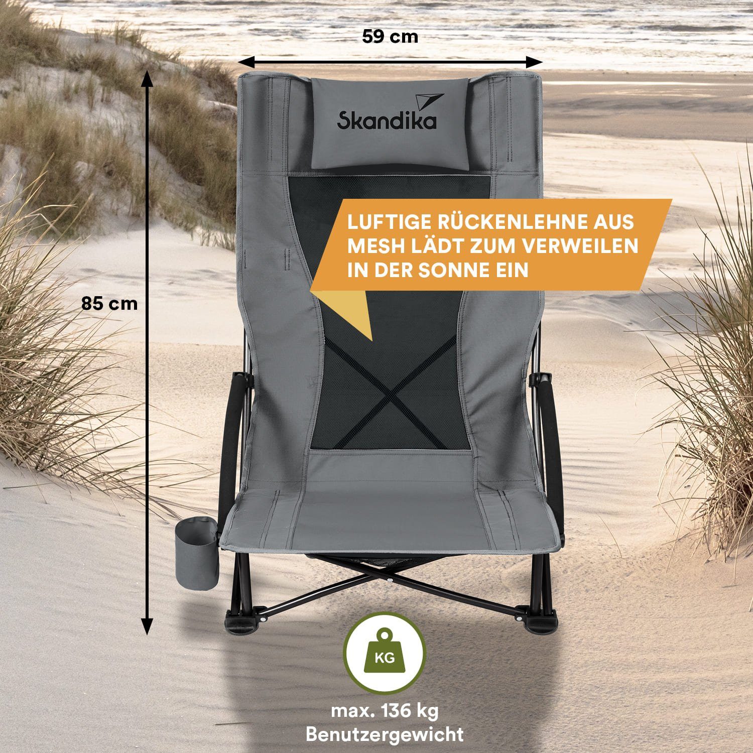 Skandika Campingstuhl SKANDIKA Strandstuhl Beach (grau), mit atmungsaktivem Mesh, Getränkehalter, niedrig