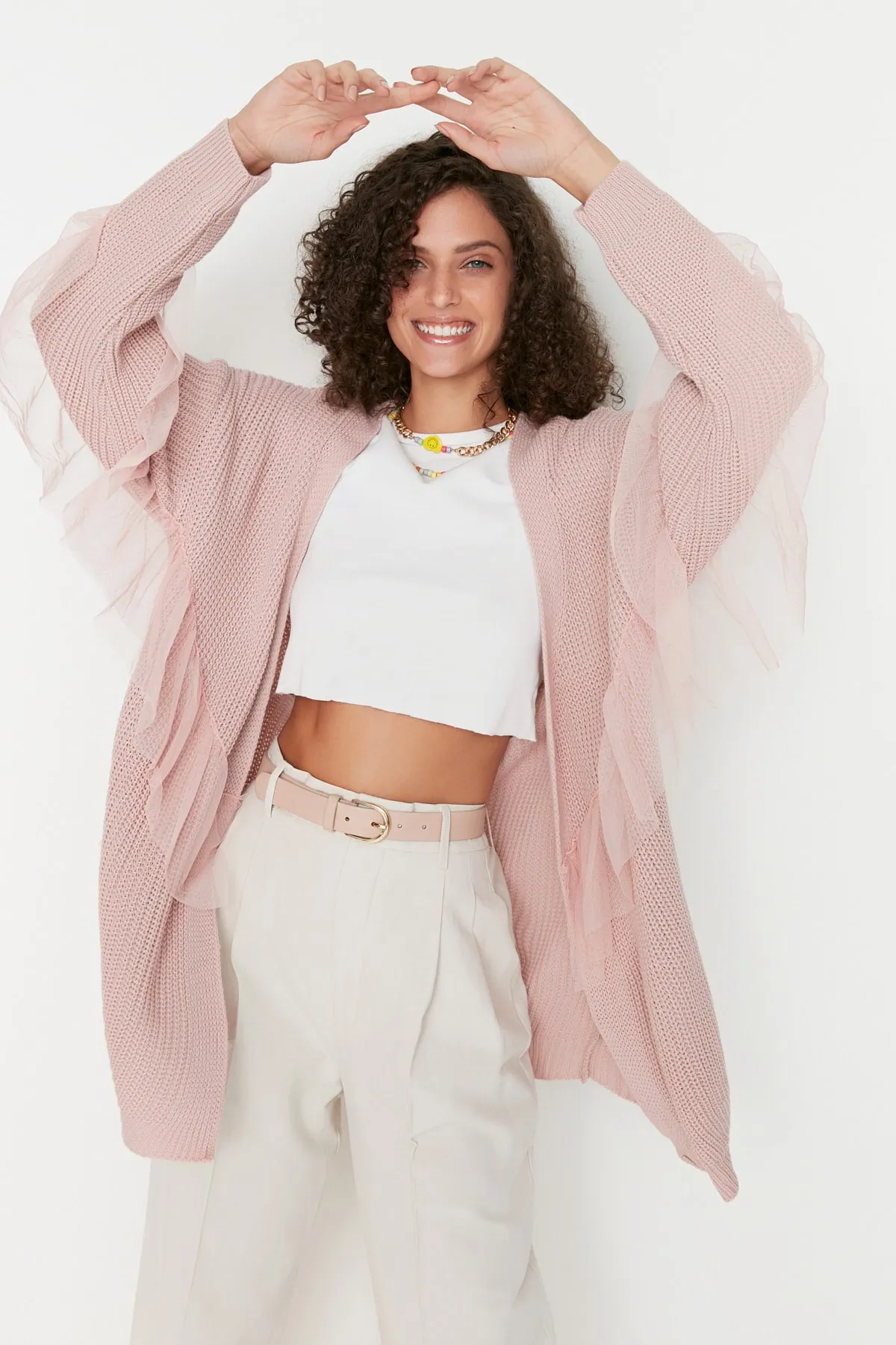 Trendyol Collection  Puderfarbener Tüll-Strick-Cardigan TWOAW20FV0048