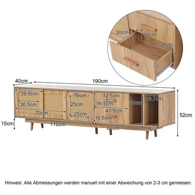 BlingBin TV-Schrank Lowboard TV-Board Rattan-Türdesign Natural Oak Breite 190cm (Mit drei Schränken und zwei Schubladen) Geeignet für Fernsehgeräte bis zu 80 Zoll
