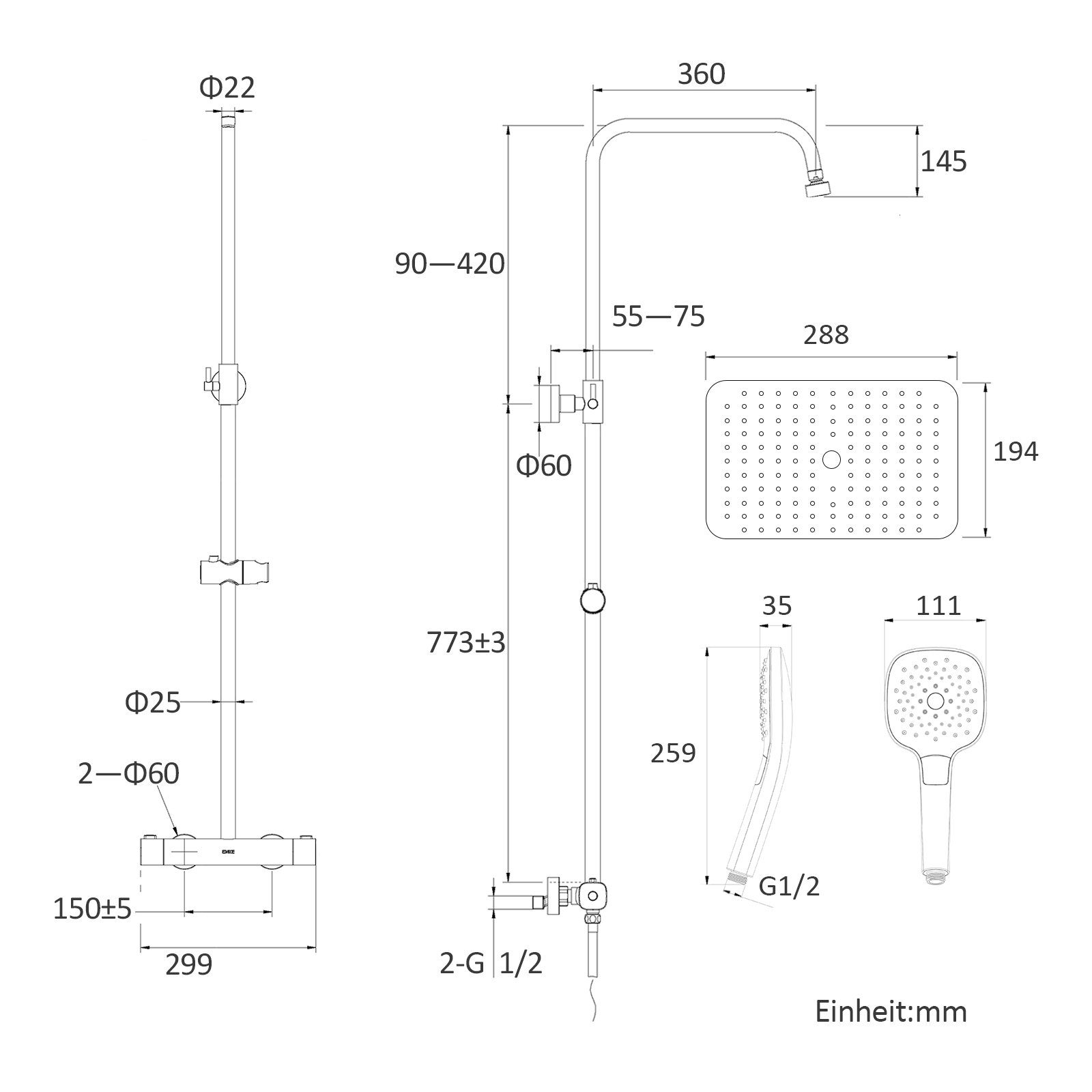 EMKE Duschsystem Duschset mit Theramostat Regendusche Handbrause, 3 Strahlart(en), 38℃ Thermostat Duschsäuleset, Quadratisch, Chrom