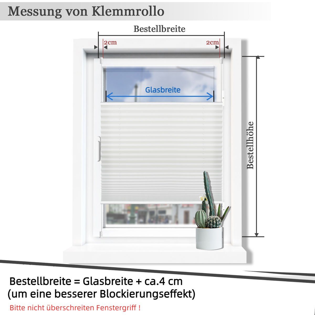 Plissee ohne Bohren Klemmfix, Sichtschutz und Sonnenschutz, OUBO, Lichtdurchlässig Rollo für Fenster & Tür, Klemmfix, mitgelieferten, verstellbaren Klemmträger
