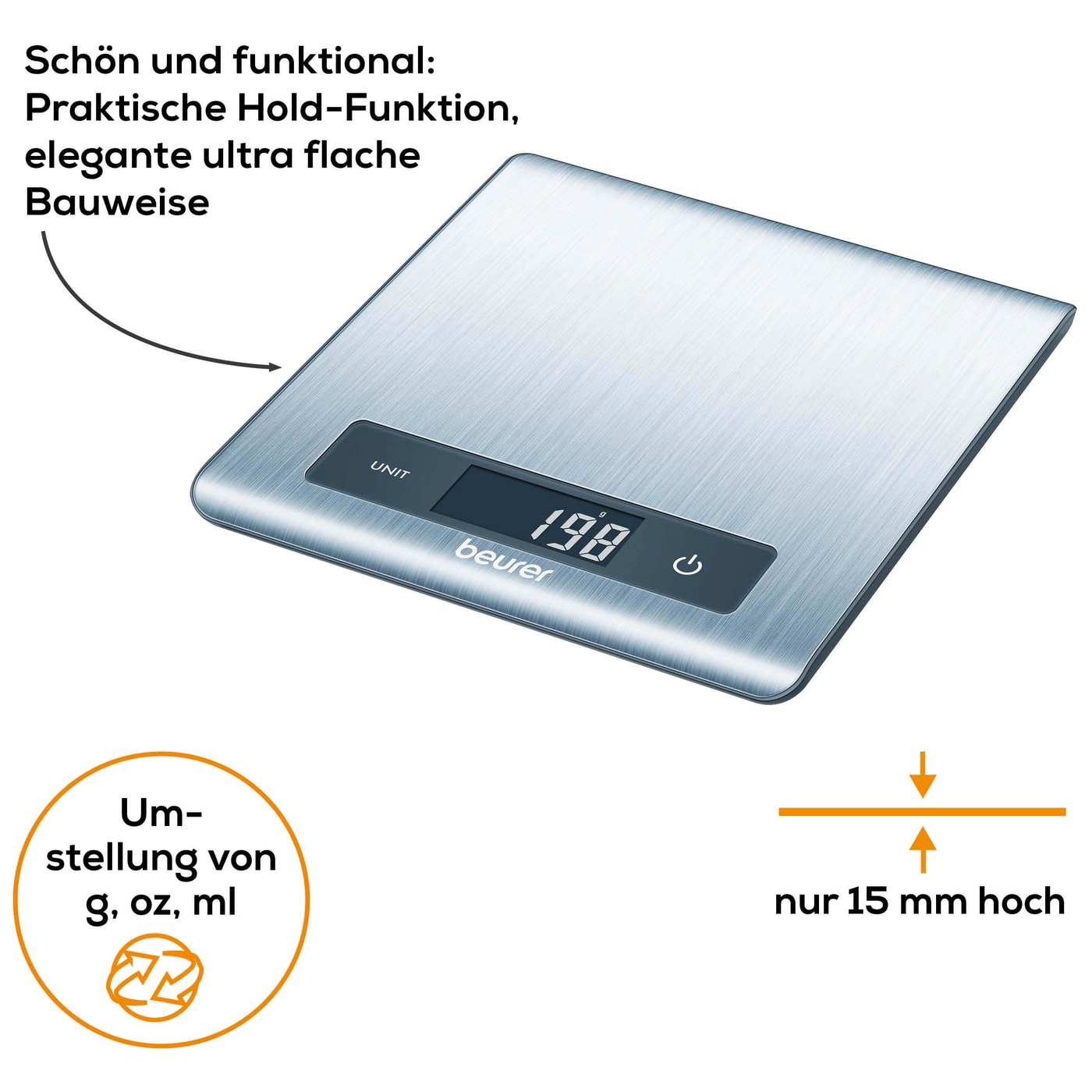 Beurer Küchenwaage KS 51-Ultra flache Küchenwaage mit Wiegefläche aus gebürstetem Edelstahl