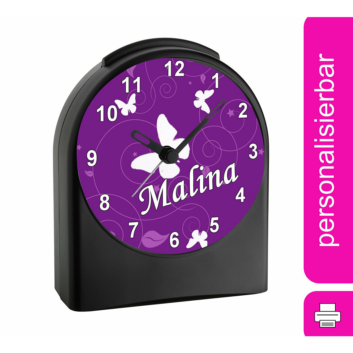 Kinder Funkwecker personalisiert mit Namen Schmetterling Ornamente Atom-/Funkuhr, 12-Stunden-Anzeigeformat, Schlummerfunktion, Nachtlicht, Geräuschlos/Ohne Ticken