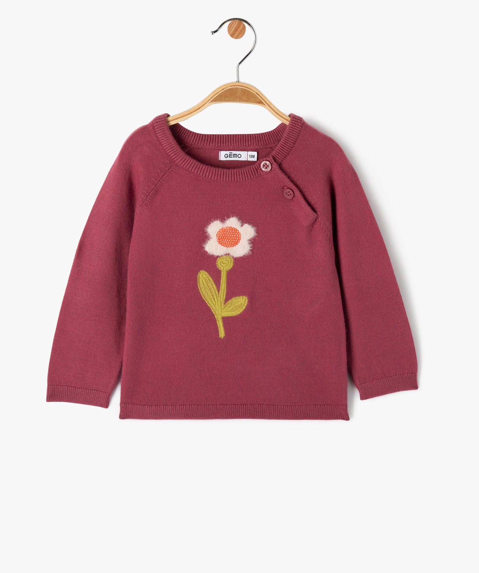 Pull en maille fine à motif brodé et peluche bébé fille rose fonce | GEMO