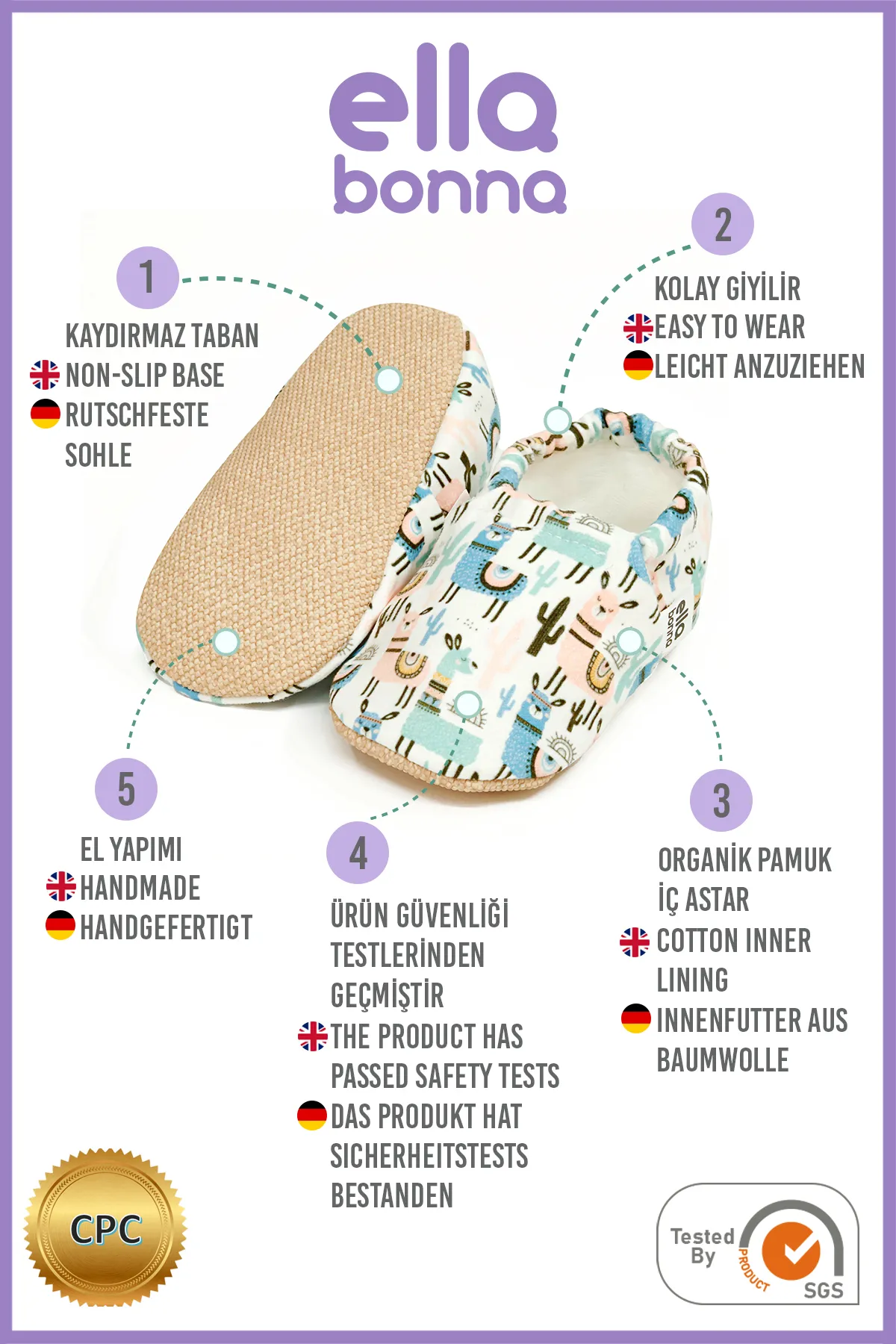 Ella Bonna  Lama-Babyschuhe mit rutschfester Sohle, Heimstiefel, Hausschuhe, Kinderzimmerschuhe, Hausschuhe