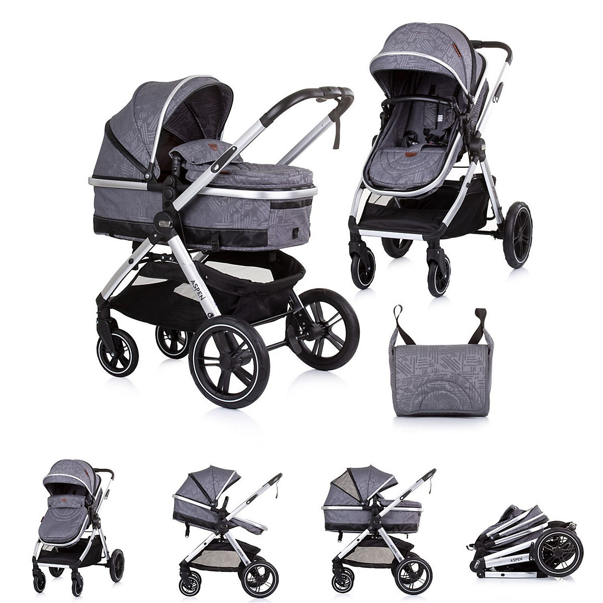 Kinderwagen 2 in 1 Aspen Wickeltasche Moskitonetz Schwenkräder Korb Kombikinderwagen