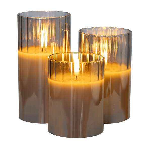LED-Glaskerze, rund gerippt, grau, 3er Set