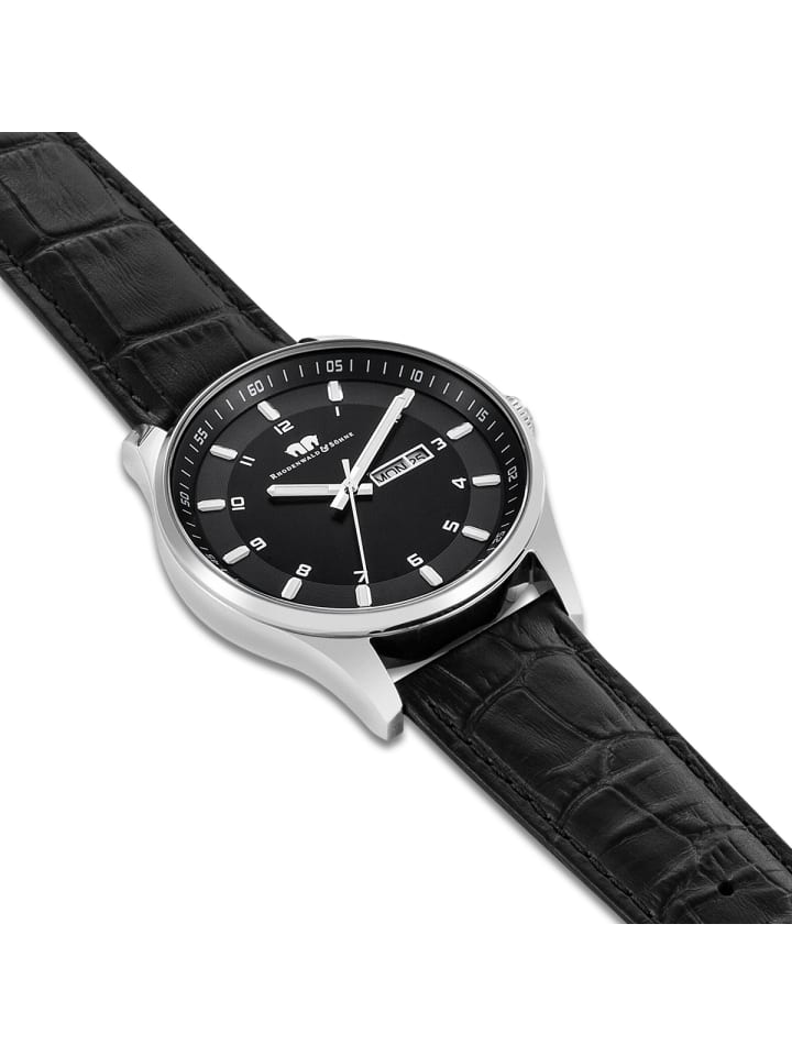 Rhodenwald & Söhne Herren Quarzuhr silber Echtleder schwarz in schwarz günstig kaufen 20 cm