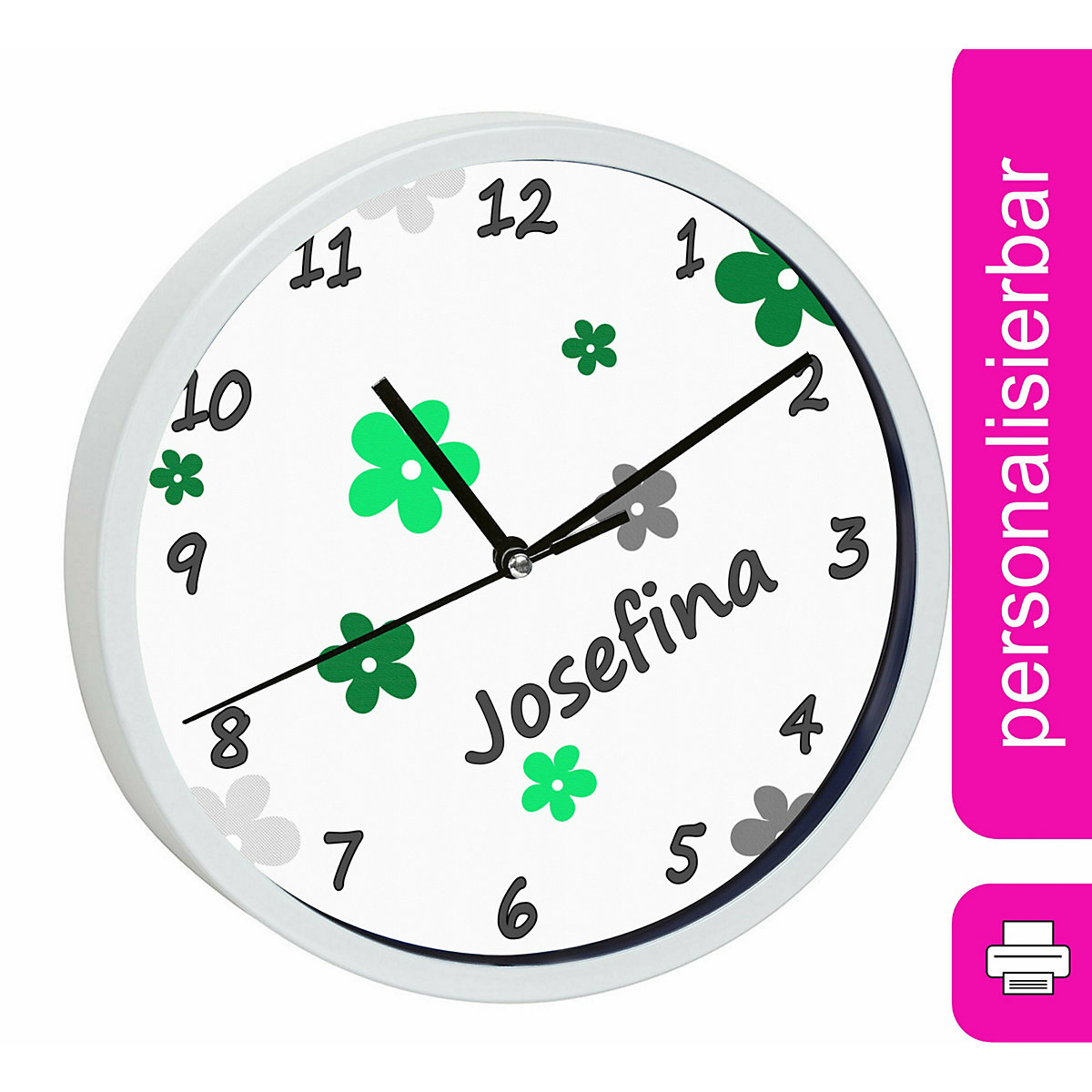 Kinder Wanduhr personalisiert mit Name Blumen Apfelgrün