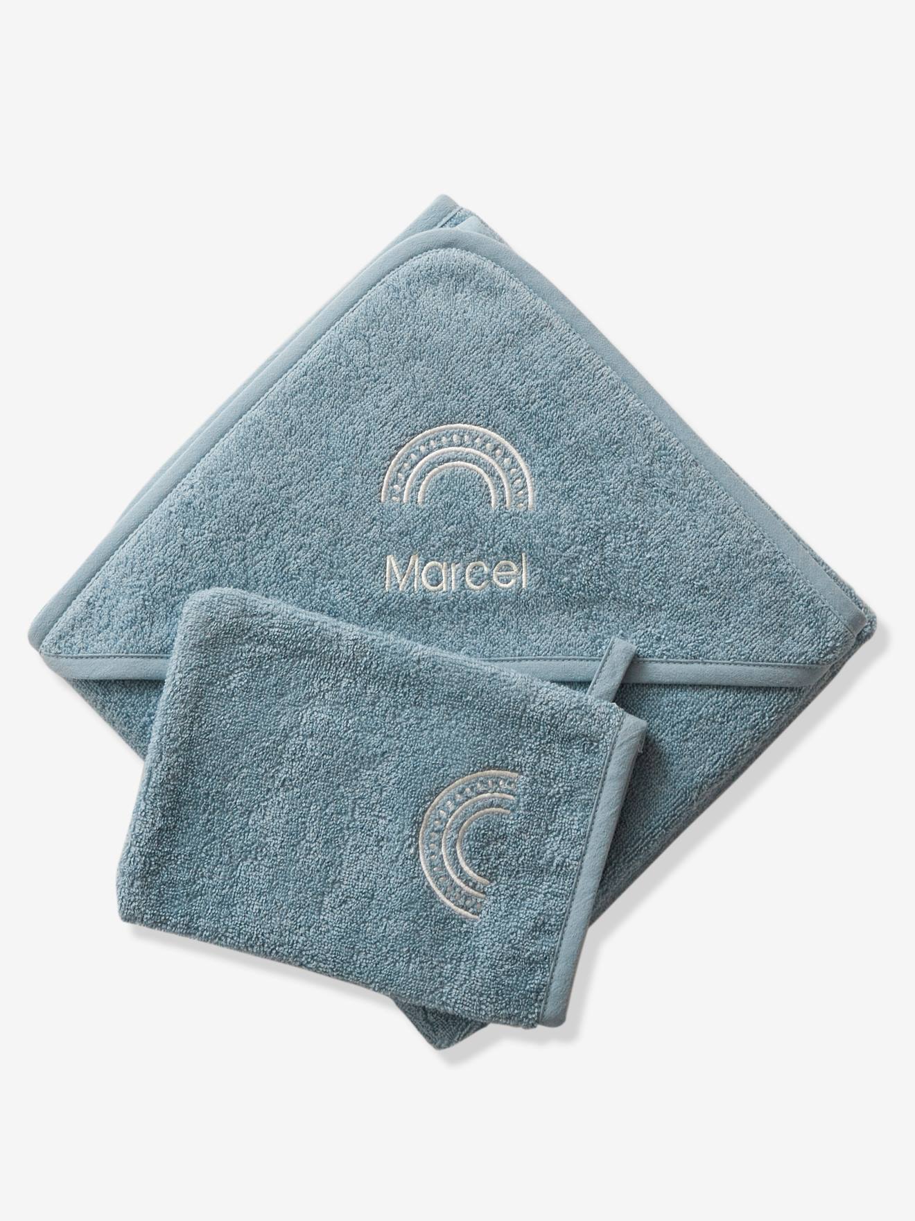 Cape de bain personnalisable + gant de toilette bleu moyen