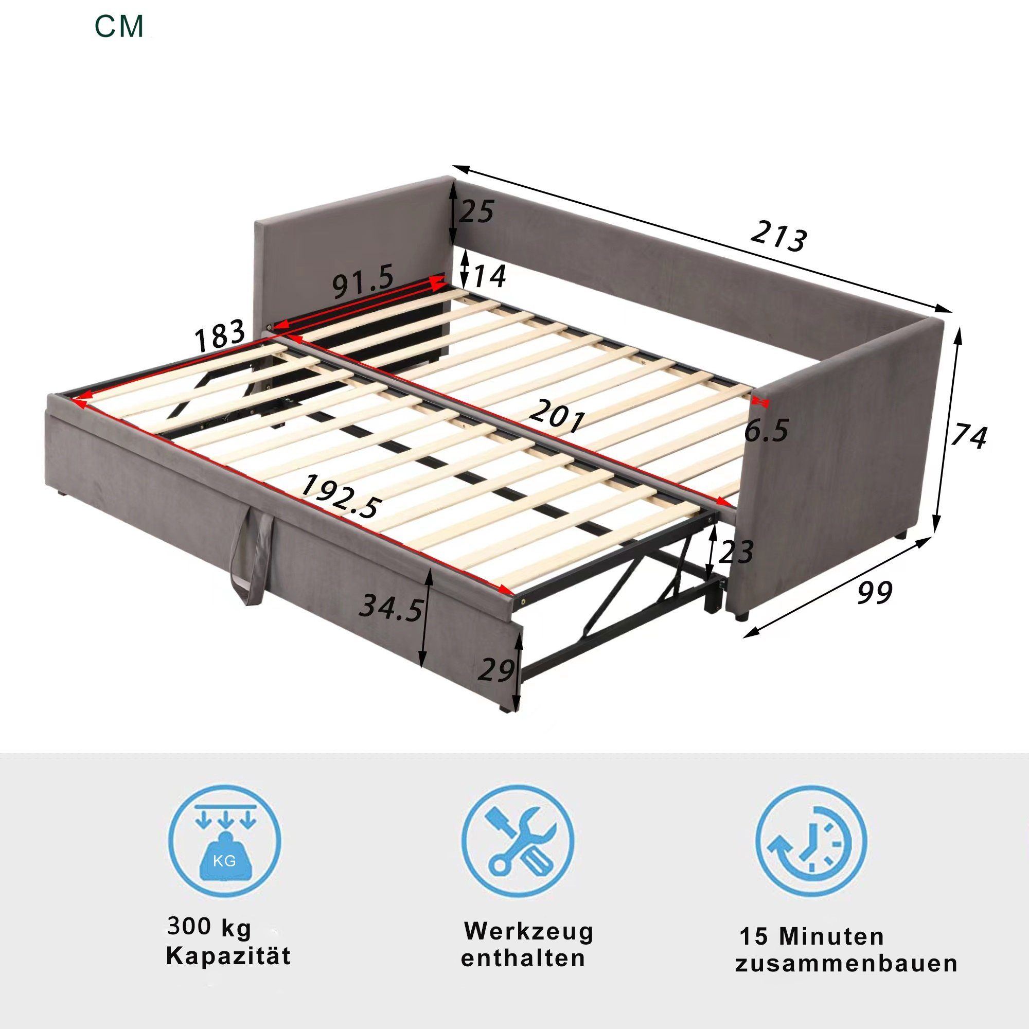 OKWISH Bett Polsterbett Ausziehbares Schlafsofa, 90/180*200 cm (aus hautfreundlichem Samtstoff, mit Lattenrosten), Ohne Matratze