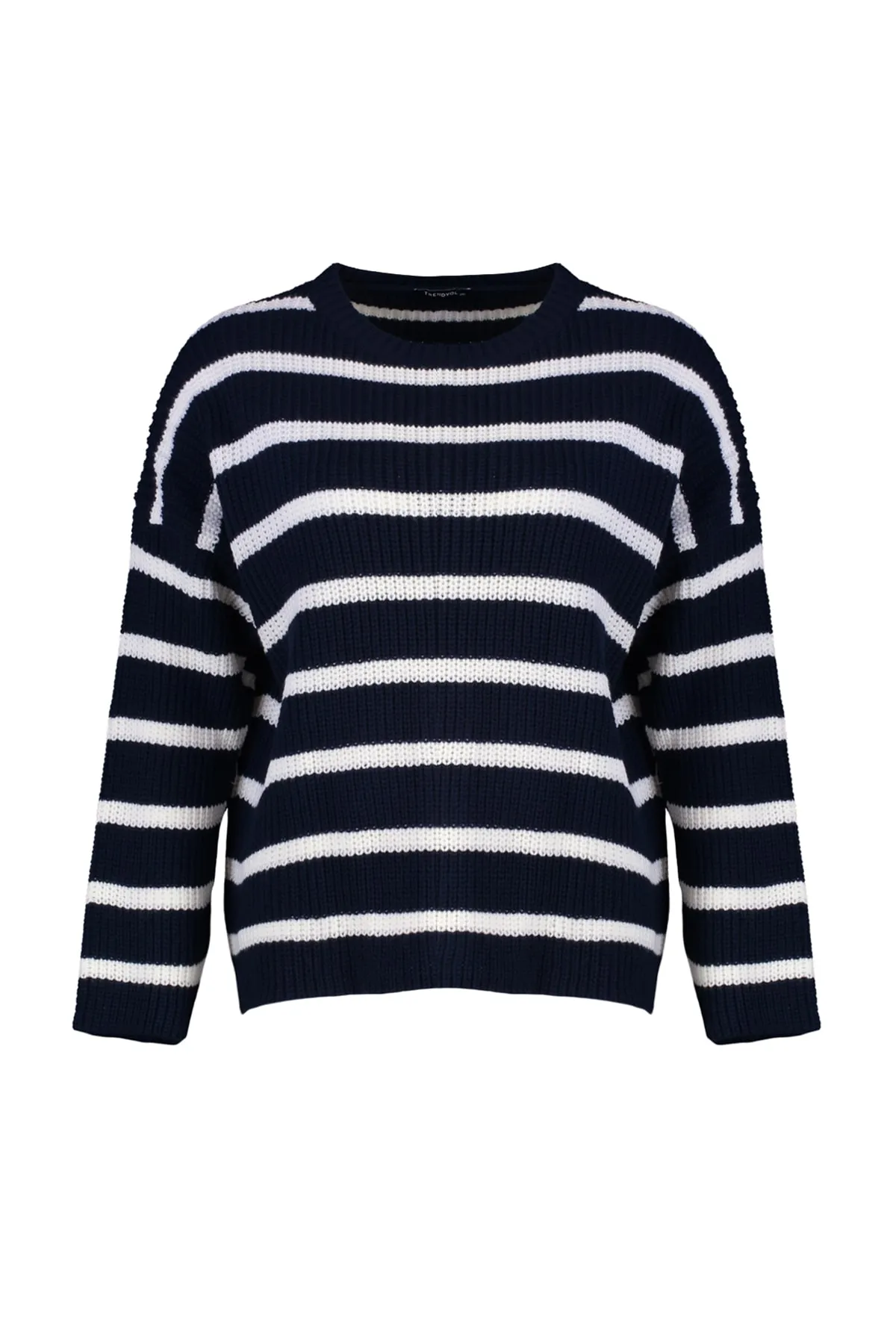 Trendyol Curve  Marineblauer, gestreifter, schulterfreier Strickpullover