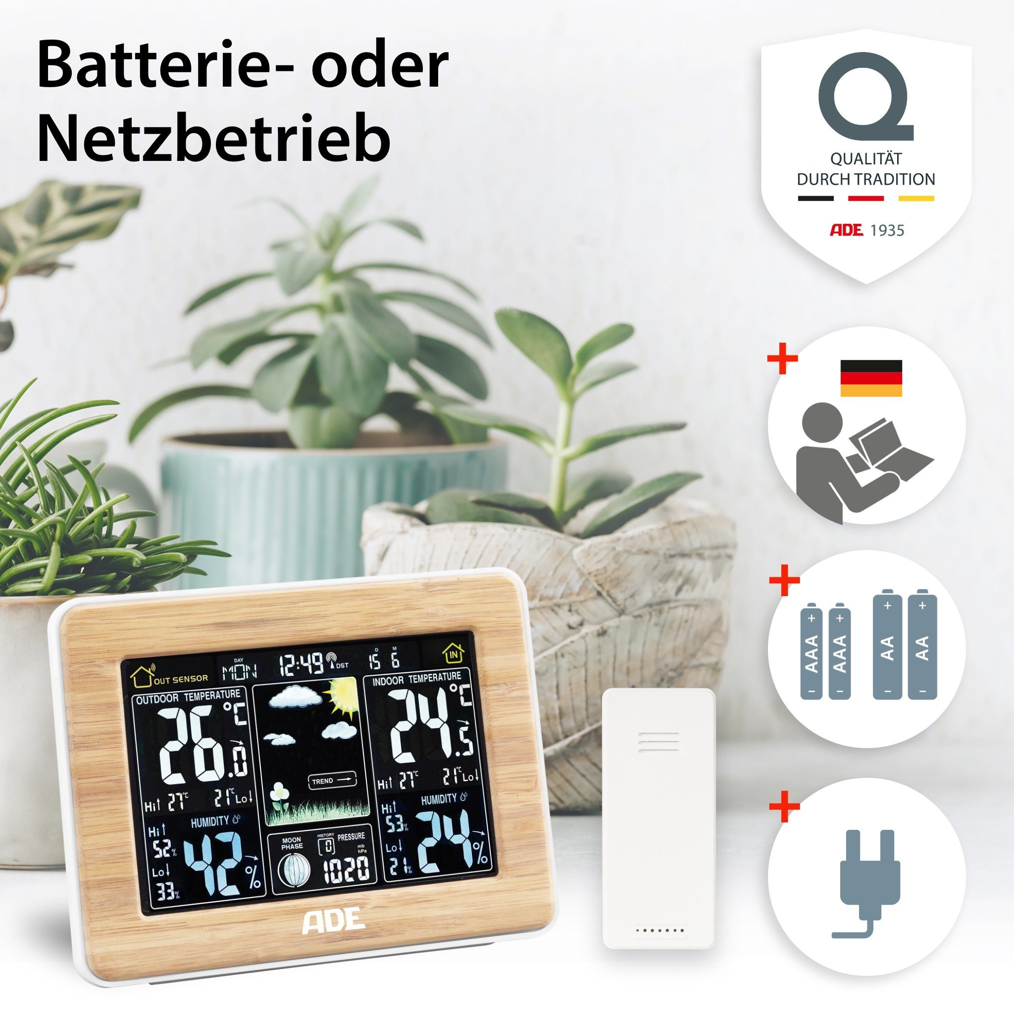 ADE Wetterstation Funk mit Außensensor, mit animierter Vorhersage Funkwetterstation (mit Barometer, LED-Farbdisplay, Funkwecker, Bambusrahmen)