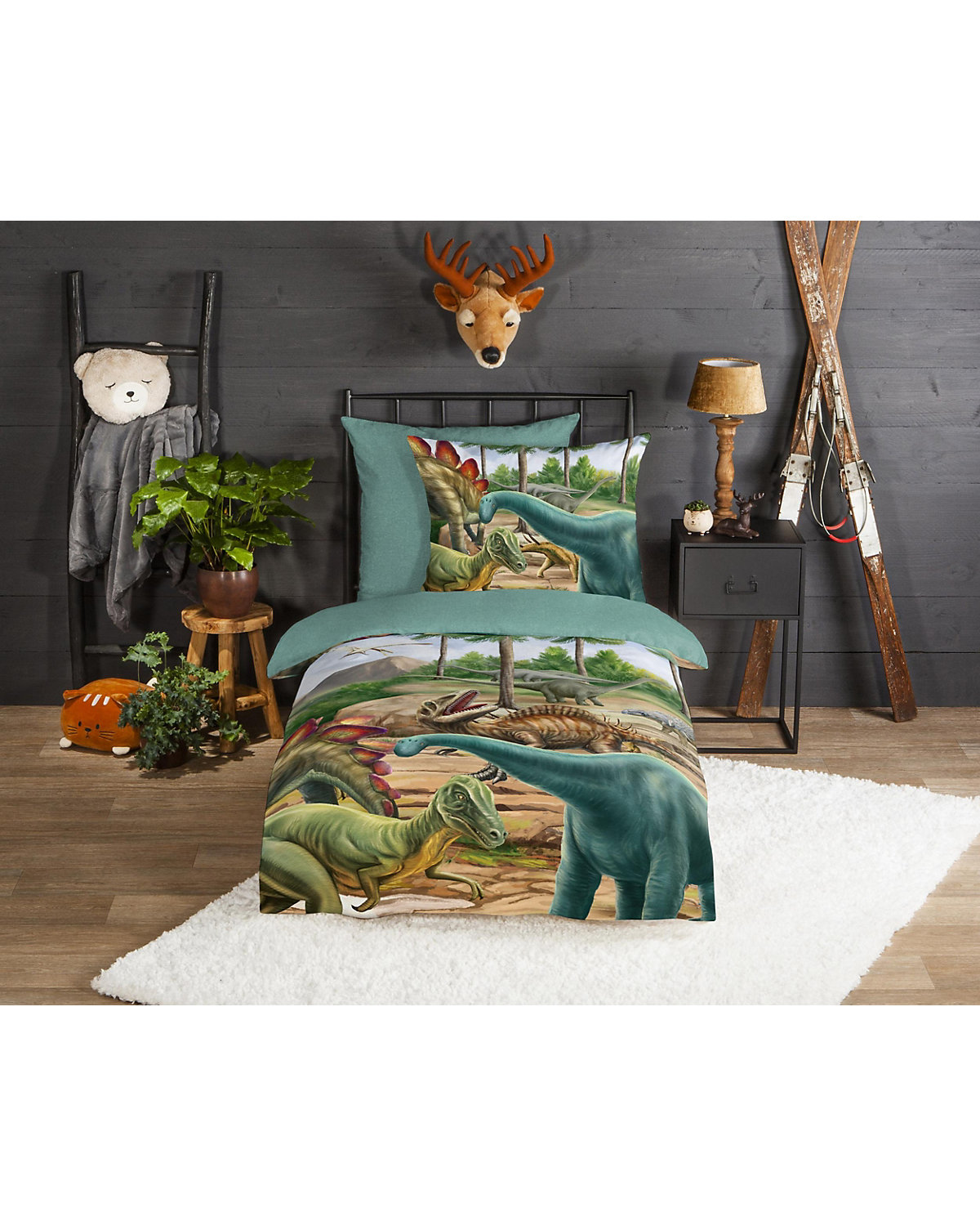 Kinder-Wendebettwäsche Prehistory, Flanell, grün, 135 x 200 + 80 x 80 cm
