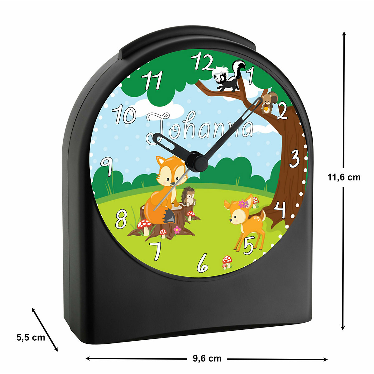 Kinder Funkwecker personalisiert mit Namen Waldtiere Atom-/Funkuhr, 12-Stunden-Anzeigeformat, Schlummerfunktion, Nachtlicht, Geräuschlos/Ohne Ticken