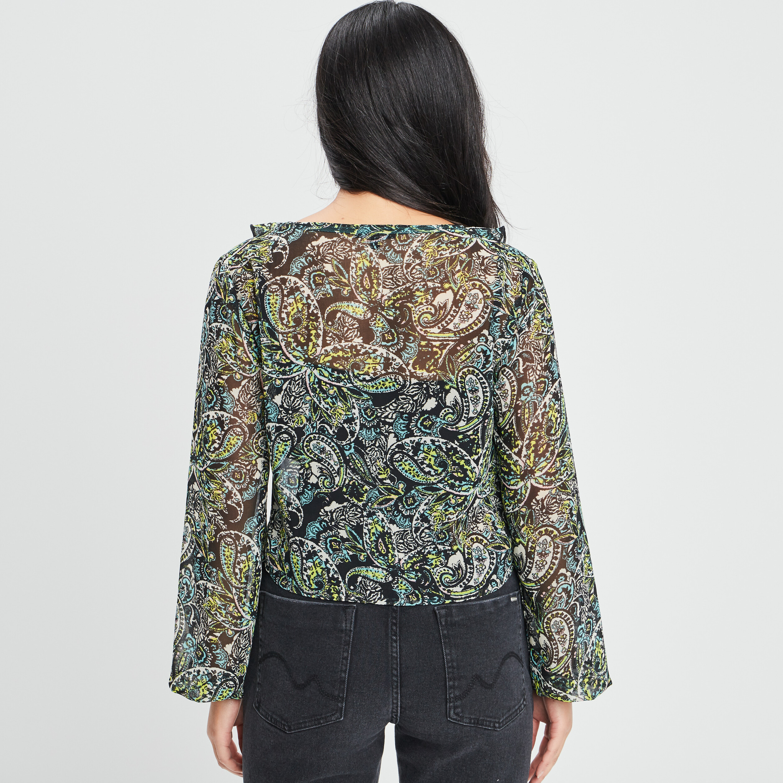 Blouse manches longues col volanté noir femme | La Halle
