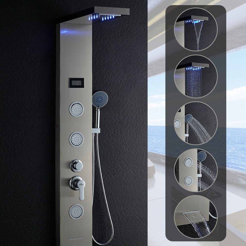 Auralum Duschsystem 5-Funktion LED Duschpaneel Badezimmer mit Dusch Duschsäule Handbrause, Edelstahl Duschset, Wassertemperatur-Display