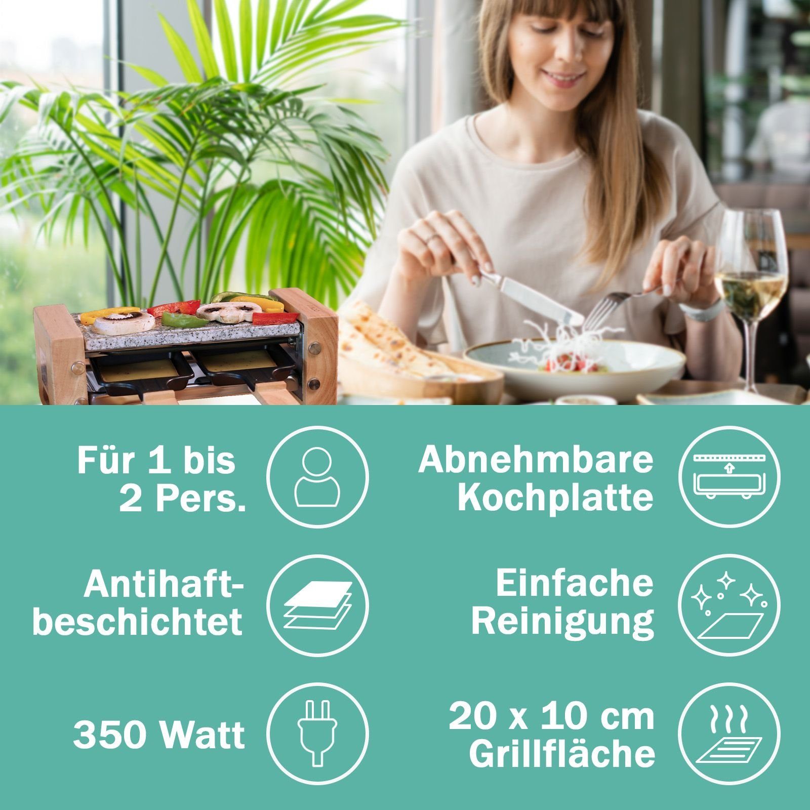 bmf-versand Raclette Raclette 2 Personen Tischgrill Elektrogrill Heißer Stein, 2 Raclettepfännchen, 350,00 W