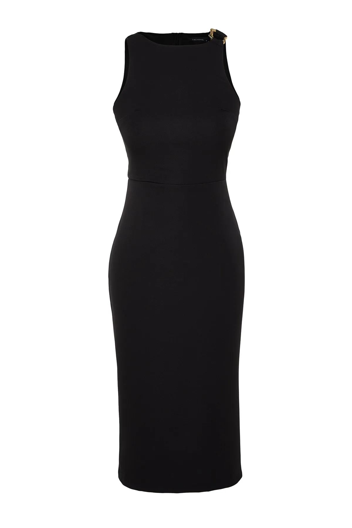 Trendyol Collection  Schwarzes Accessoire-detailliertes/tailliertes Midi-Webkleid TWOSS23EL02115