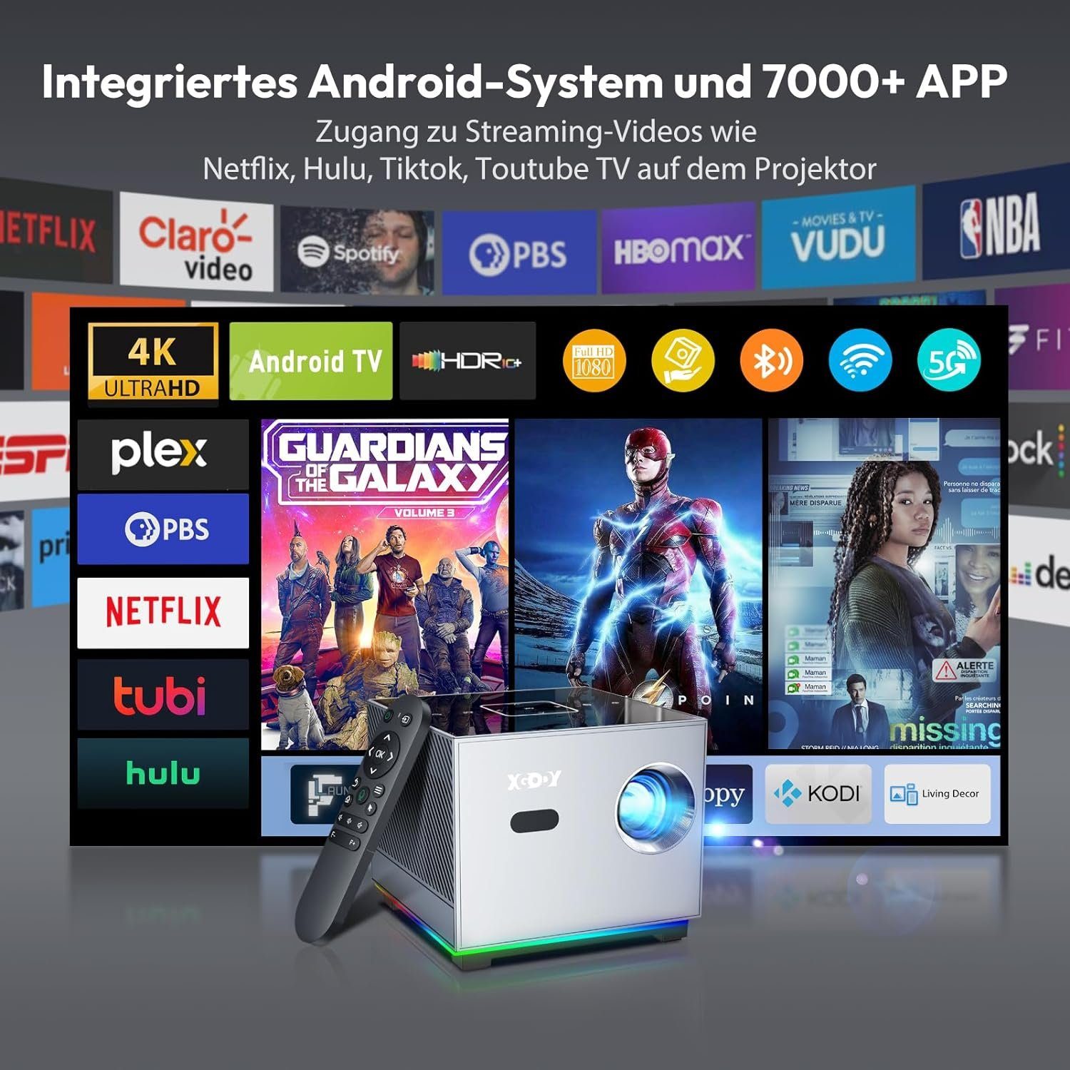XGODY Portabler Projektor (10000 lm, 5000:1, 1920 x 1080 px, Elektrischer Fokus Android 9 Projektor 200ANSI Lumen Unterstützung)