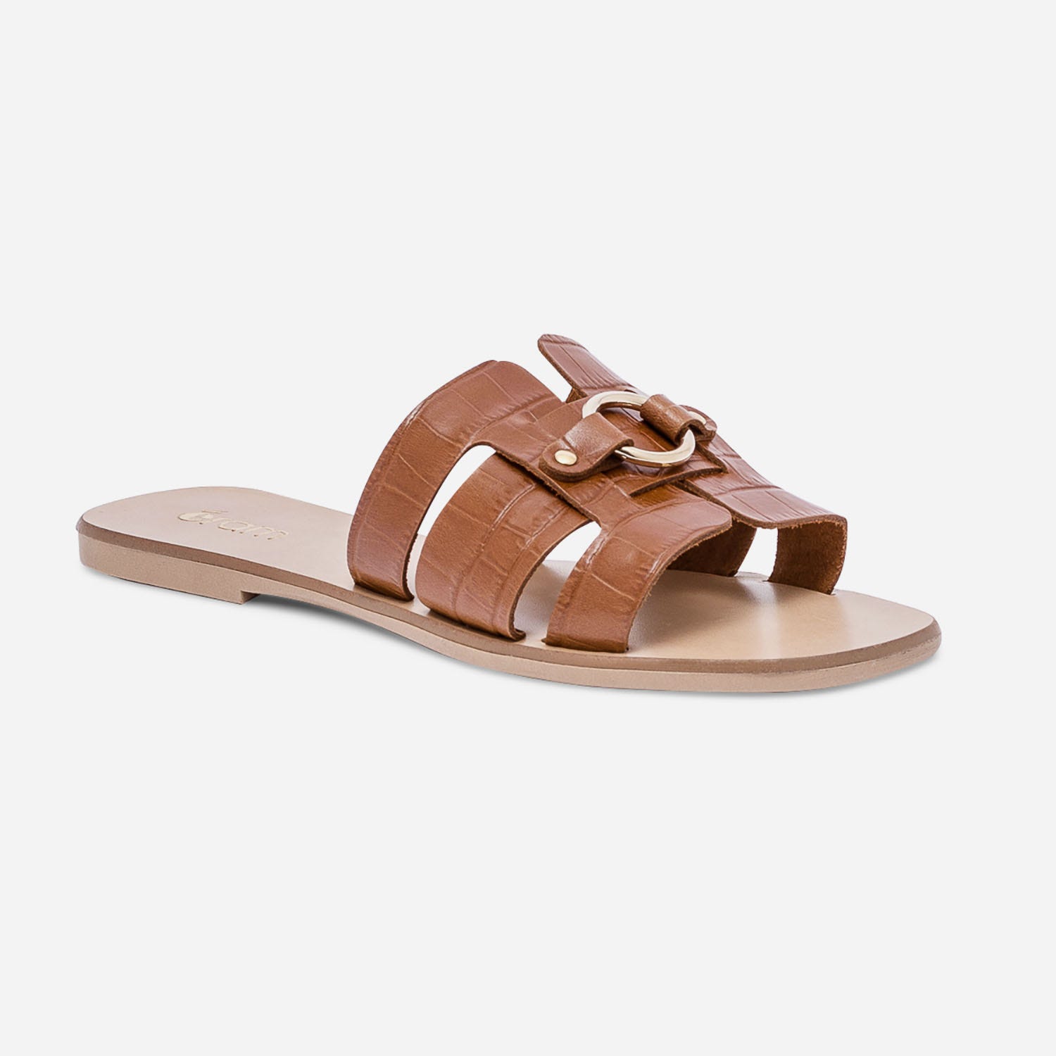 Mule cognac en cuir embossé croco