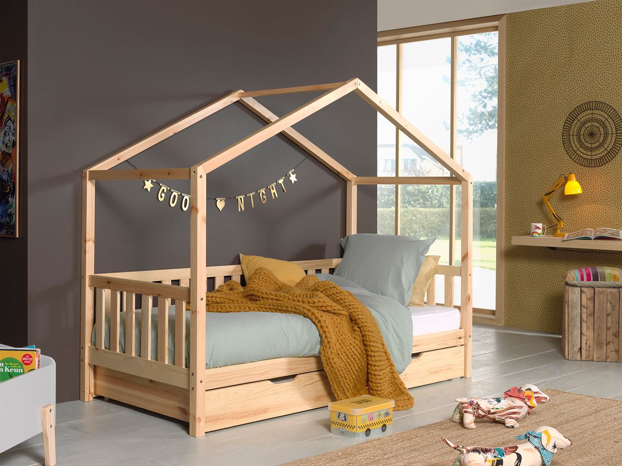 VIPACK Dallas 1 Hausbett mit seitlicher Umrandung 90 x 200 cm Liegefläche und Bettschublade, Natur